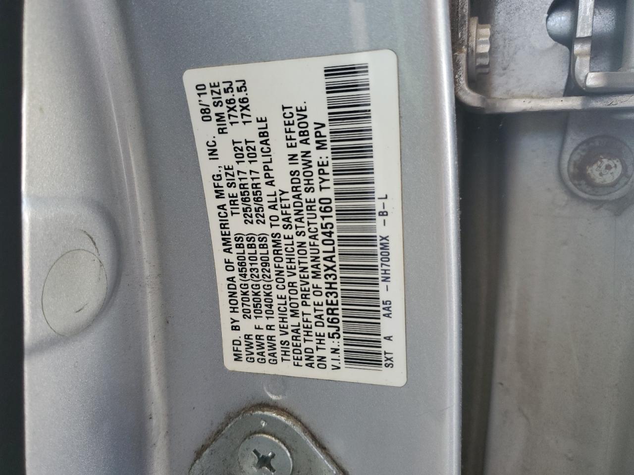 2010 Honda Cr-v Lx Silver vin: 5J6RE3H3XAL045160