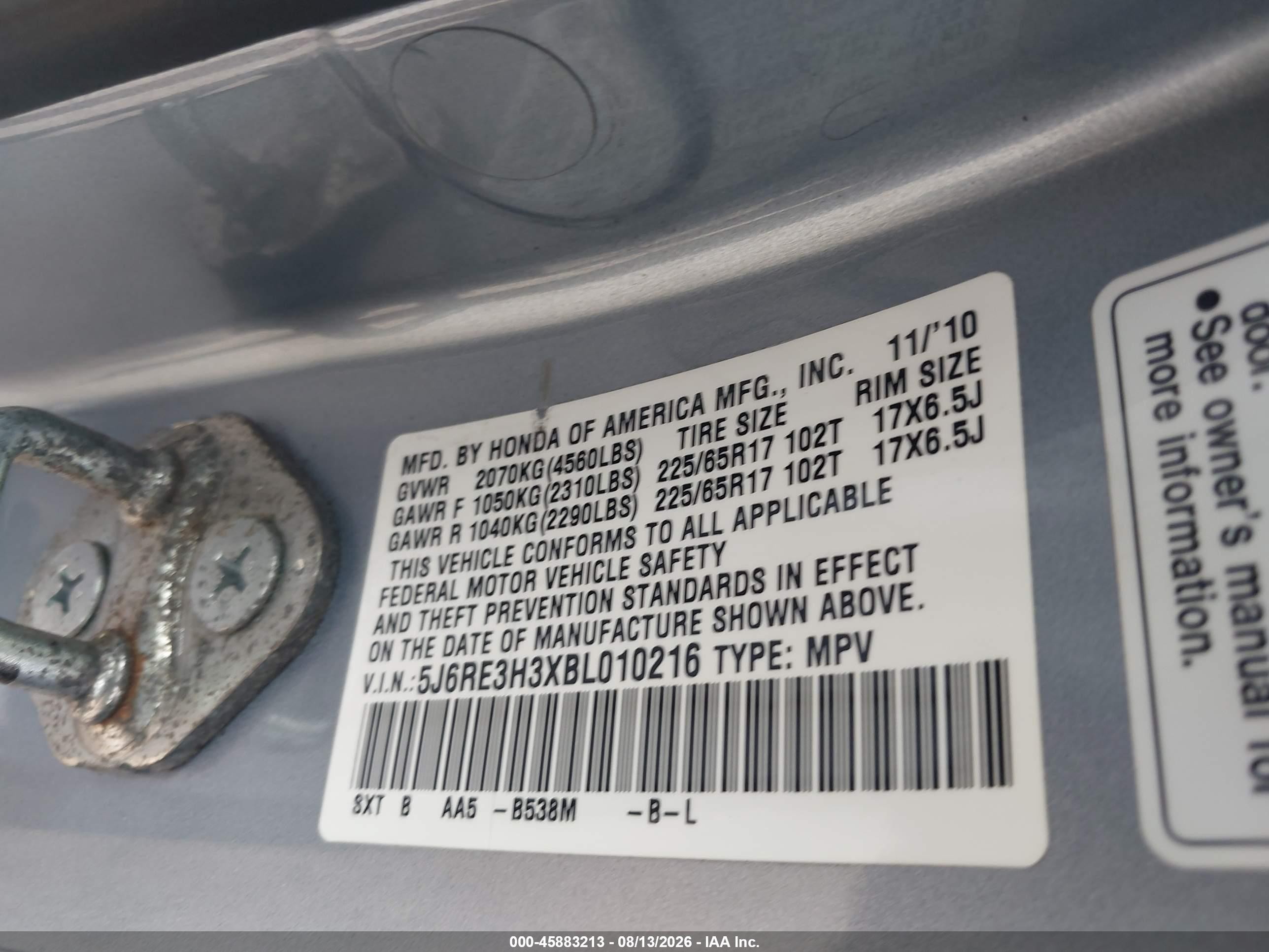 2011 Honda Cr-v Lx Blue vin: 5J6RE3H3XBL010216