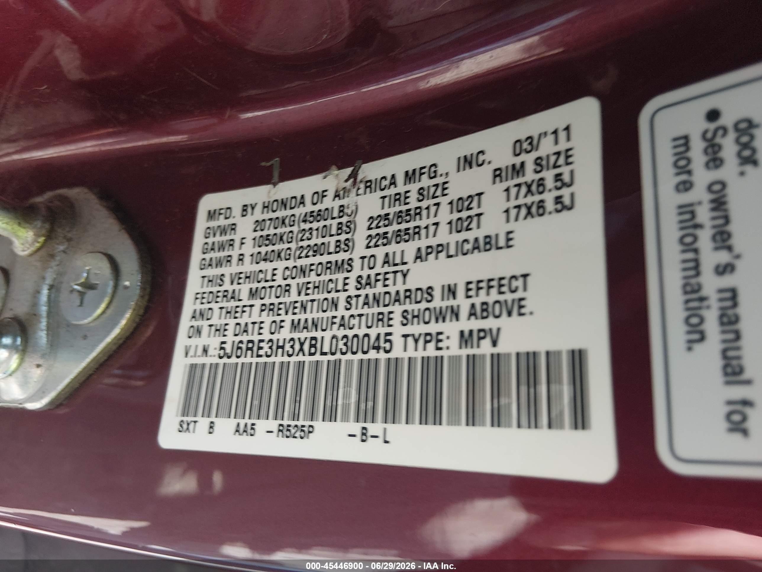2011 Honda Cr-v Lx Red vin: 5J6RE3H3XBL030045