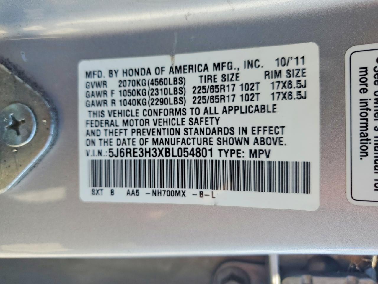 2011 Hond Cr-v Silver vin: 5J6RE3H3XBL054801