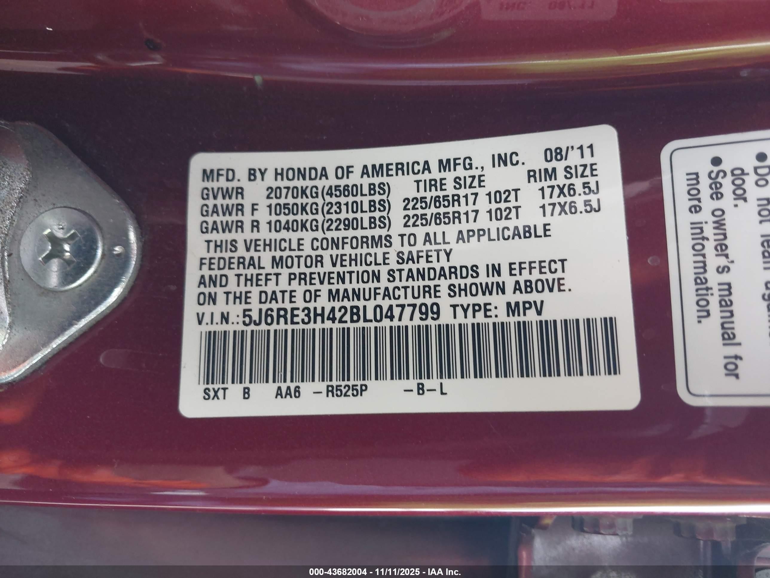 2011 Honda Cr-v Se Red vin: 5J6RE3H42BL047799