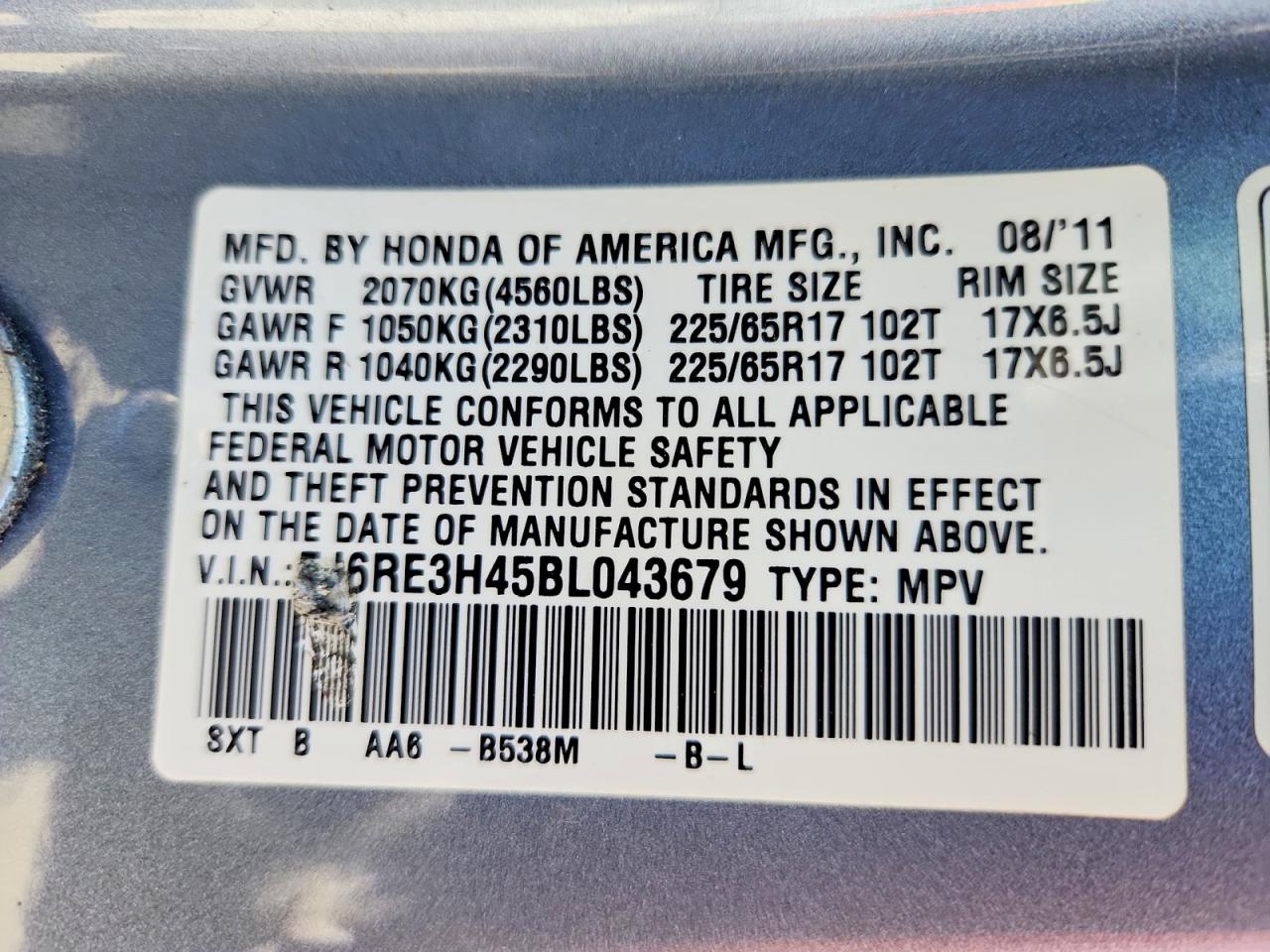 2011 Honda Cr-v Se Blue vin: 5J6RE3H45BL043679