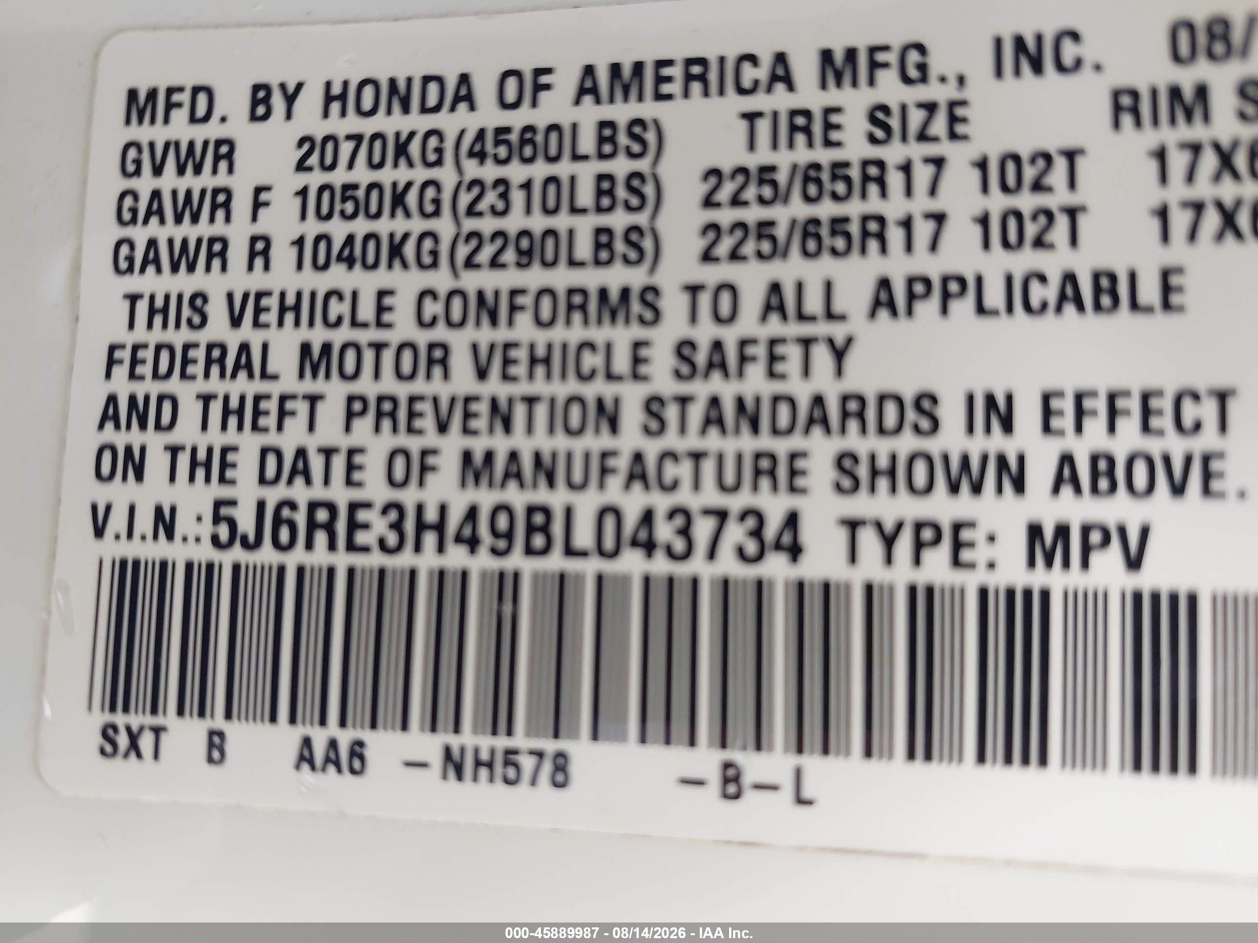 2011 Honda Cr-v Se White vin: 5J6RE3H49BL043734