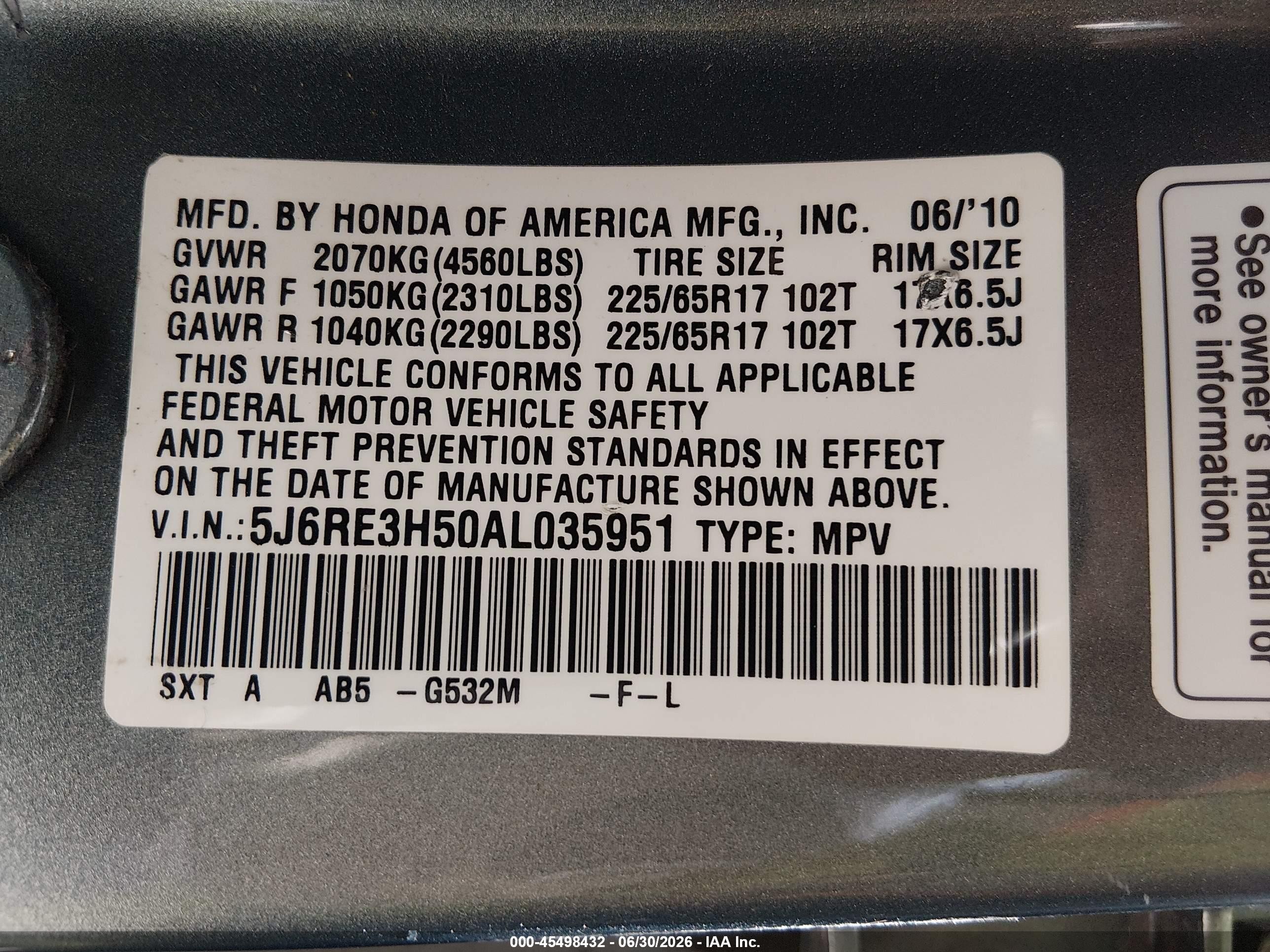 2010 Honda Cr-v Ex Light Blue vin: 5J6RE3H50AL035951