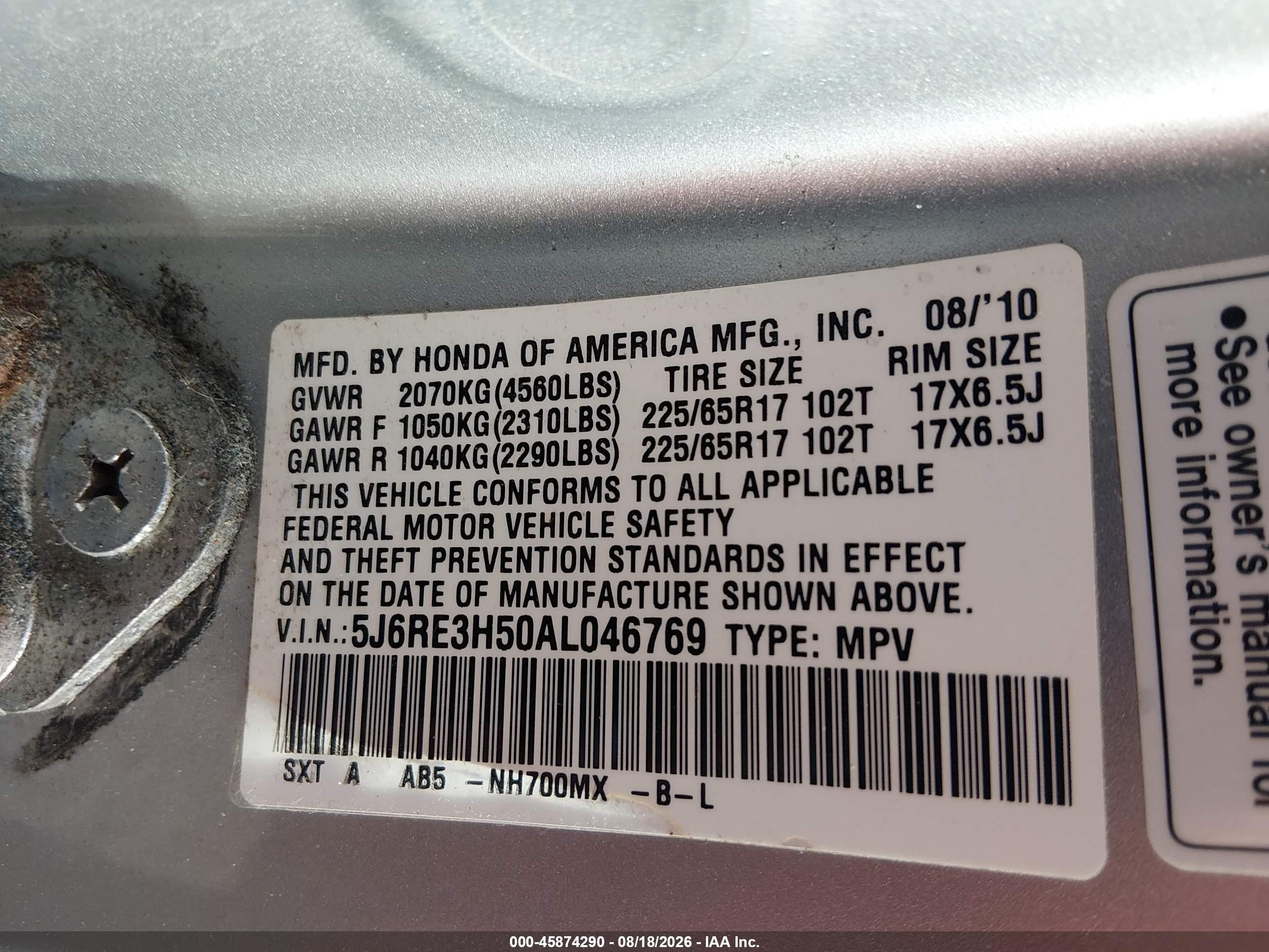 2010 Honda Cr-v Ex Silver vin: 5J6RE3H50AL046769