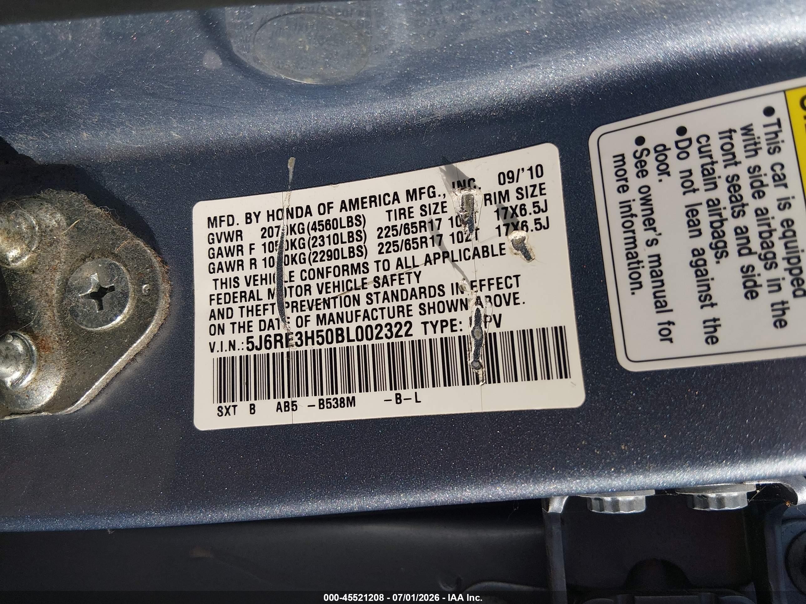 2011 Honda Cr-v Ex Light Blue vin: 5J6RE3H50BL002322