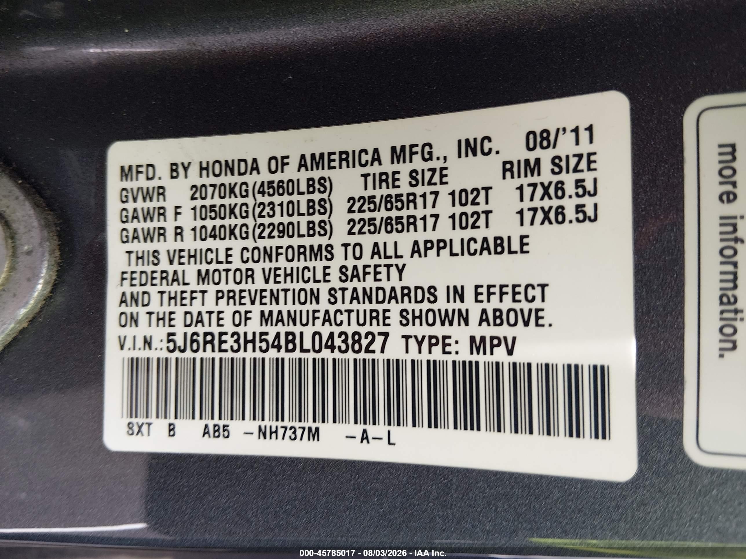 2011 Honda Cr-v Ex Light Blue vin: 5J6RE3H54BL043827