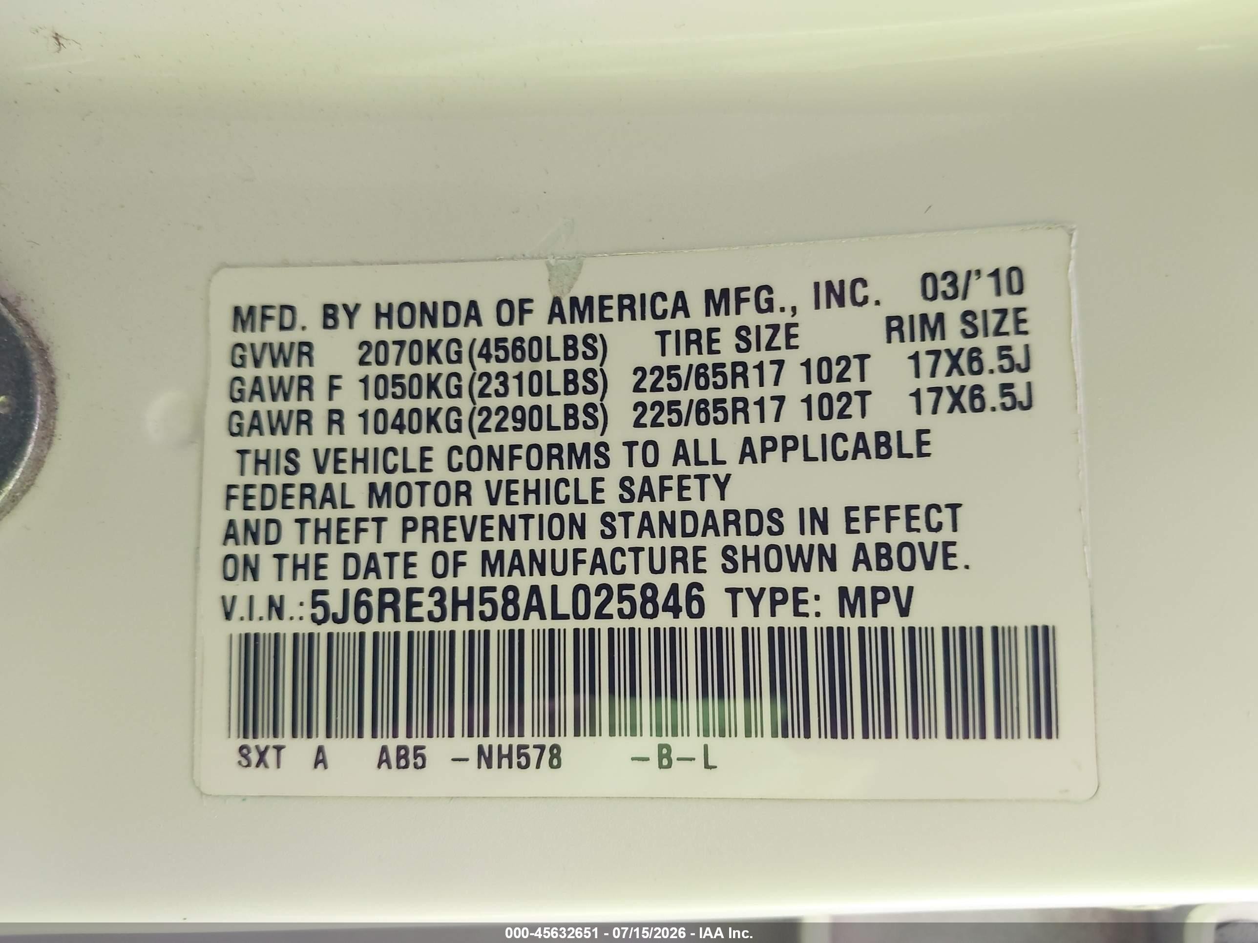 2010 Honda Cr-v Ex White vin: 5J6RE3H58AL025846