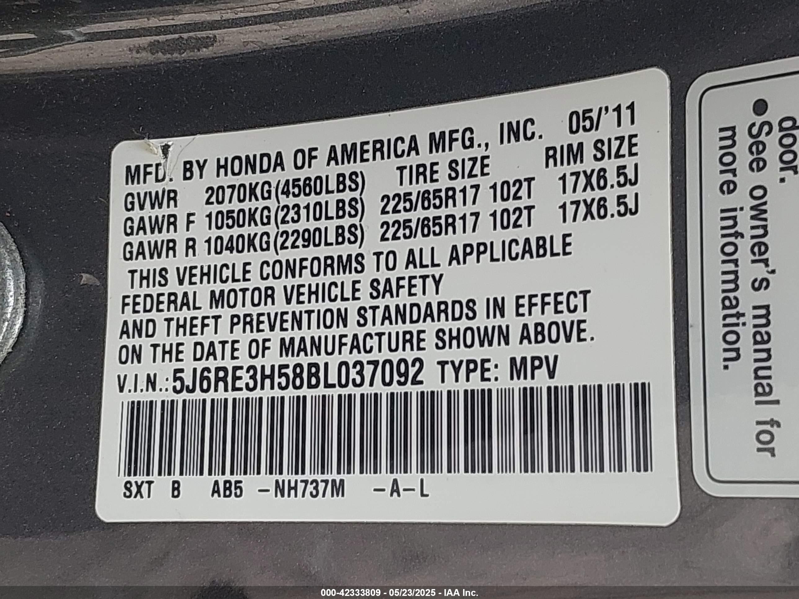 2011 Honda Cr-v Ex Gray vin: 5J6RE3H58BL037092