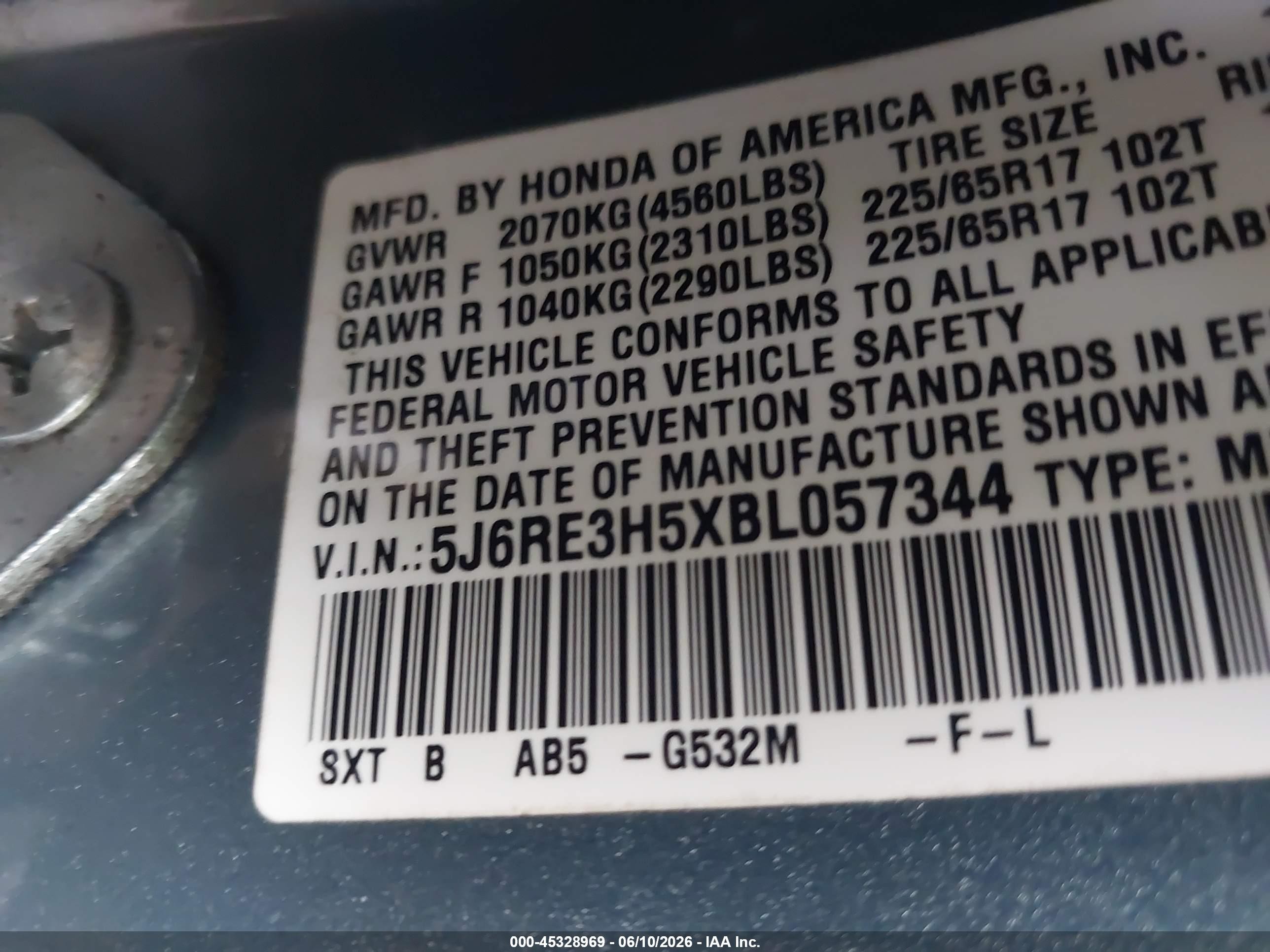 2011 Honda Cr-v Ex Light Blue vin: 5J6RE3H5XBL057344