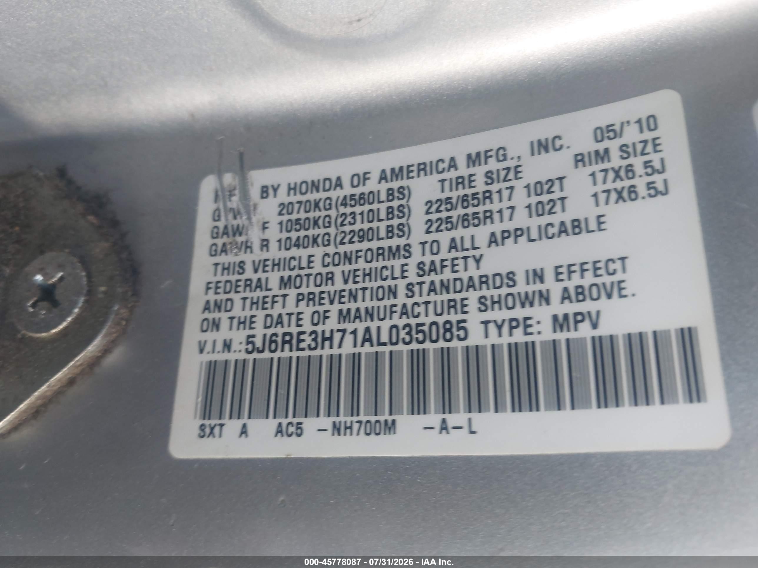 2010 Honda Cr-v Ex-l Silver vin: 5J6RE3H71AL035085