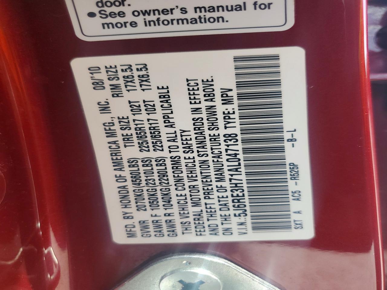 2010 Honda Cr-v Exl Maroon vin: 5J6RE3H71AL047138