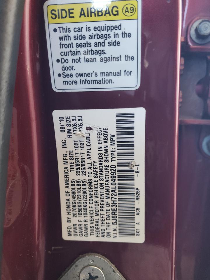 2010 Honda Cr-v Exl Red vin: 5J6RE3H72AL049920