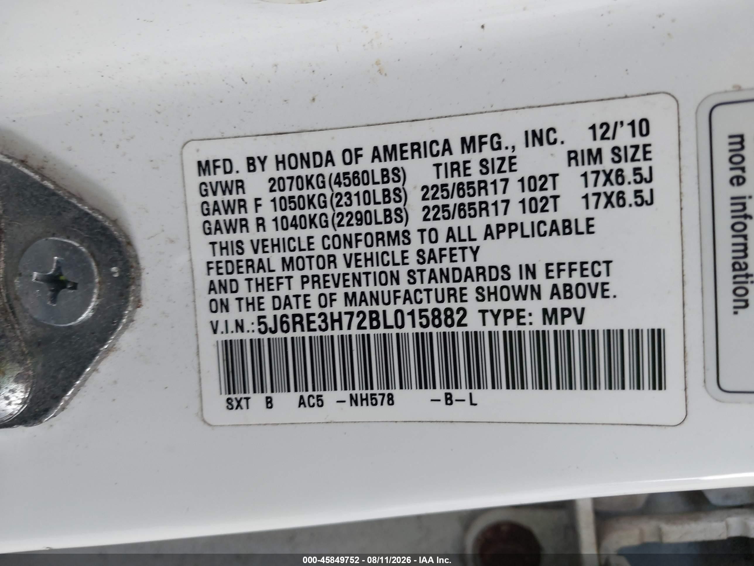 2011 Honda Cr-v Ex-l White vin: 5J6RE3H72BL015882