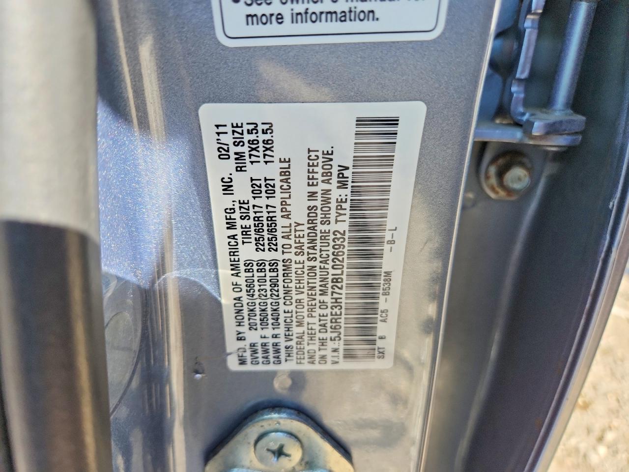 2011 Honda Cr-v Exl Blue vin: 5J6RE3H72BL026932