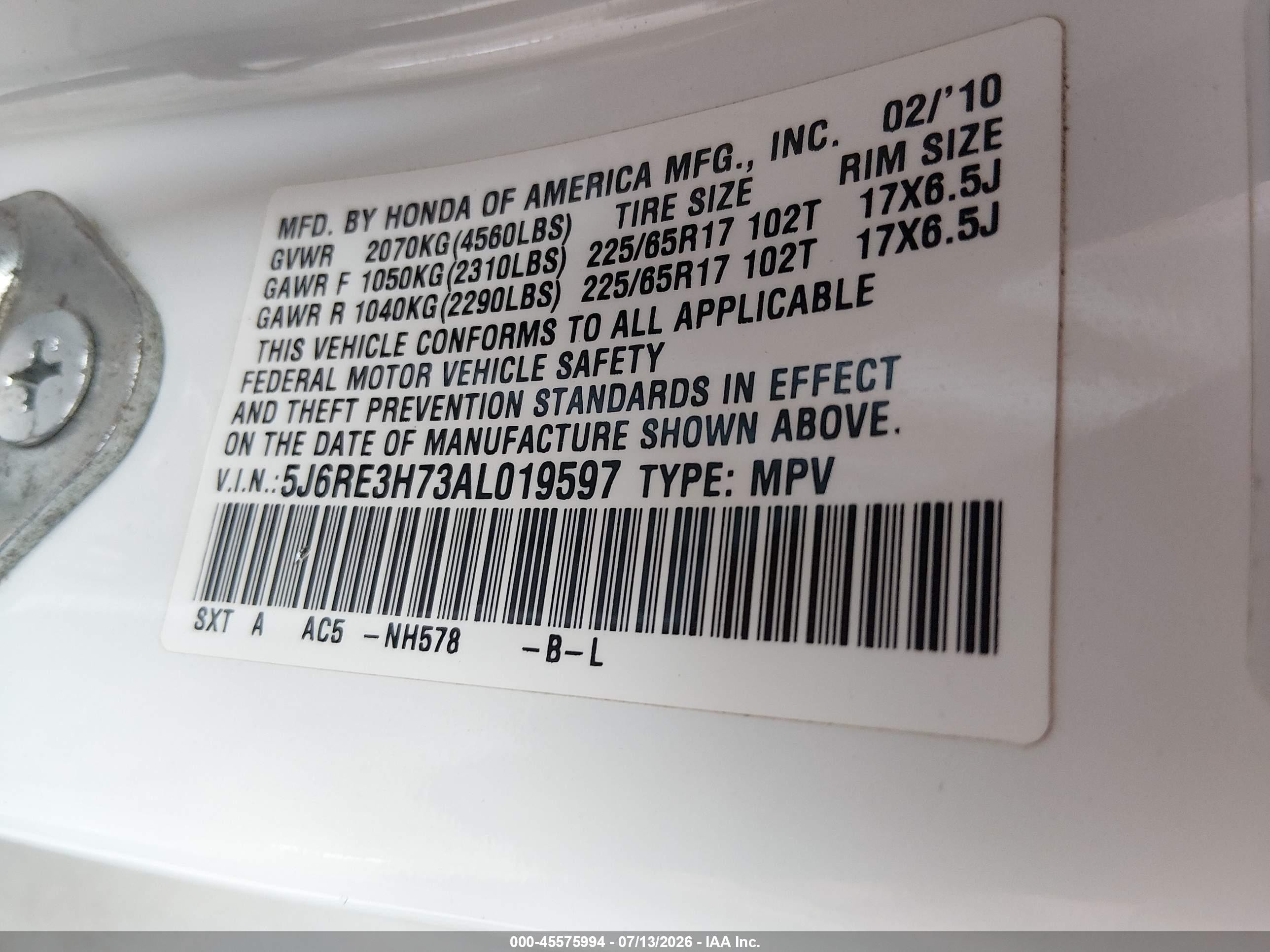 2010 Honda Cr-v Ex-l White vin: 5J6RE3H73AL019597