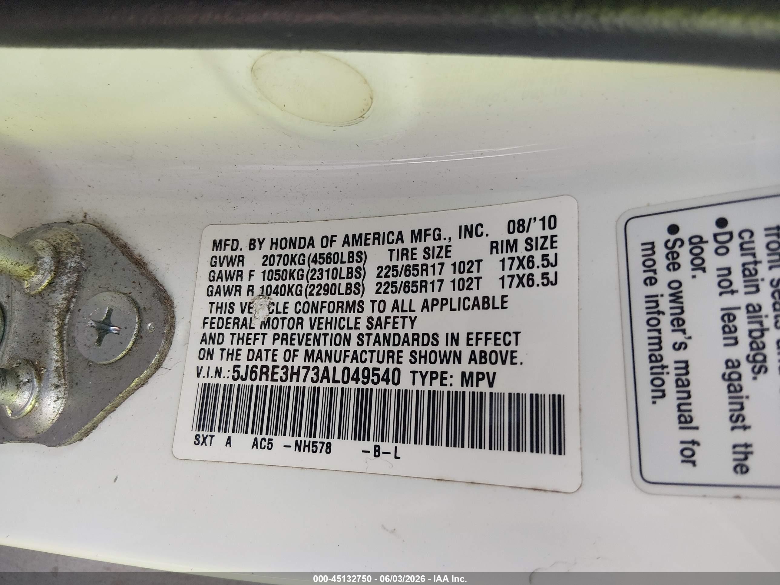 2010 Honda Cr-v Ex-l White vin: 5J6RE3H73AL049540