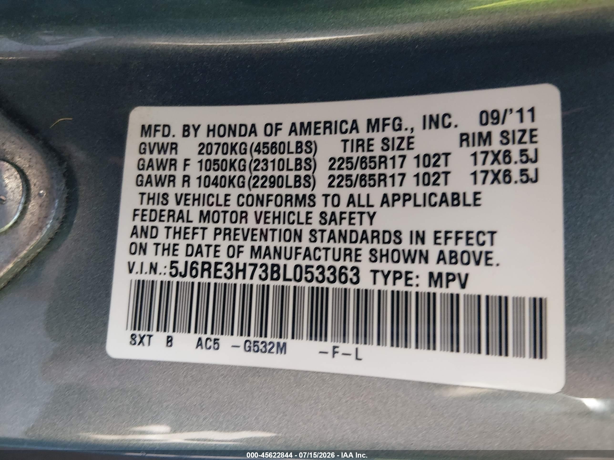 2011 Honda Cr-v Ex-l Blue vin: 5J6RE3H73BL053363