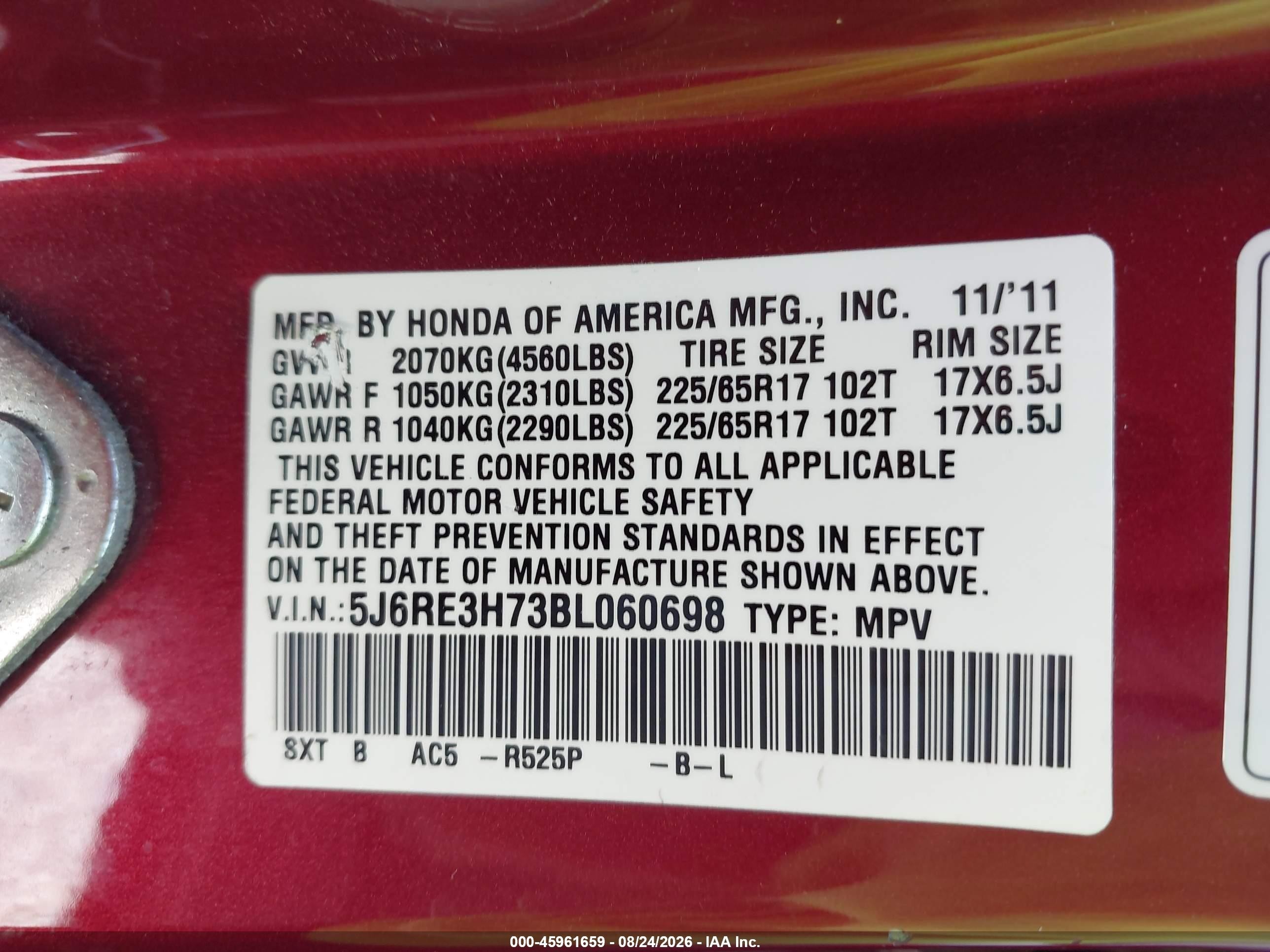 2011 Honda Cr-v Ex-l Burgundy vin: 5J6RE3H73BL060698