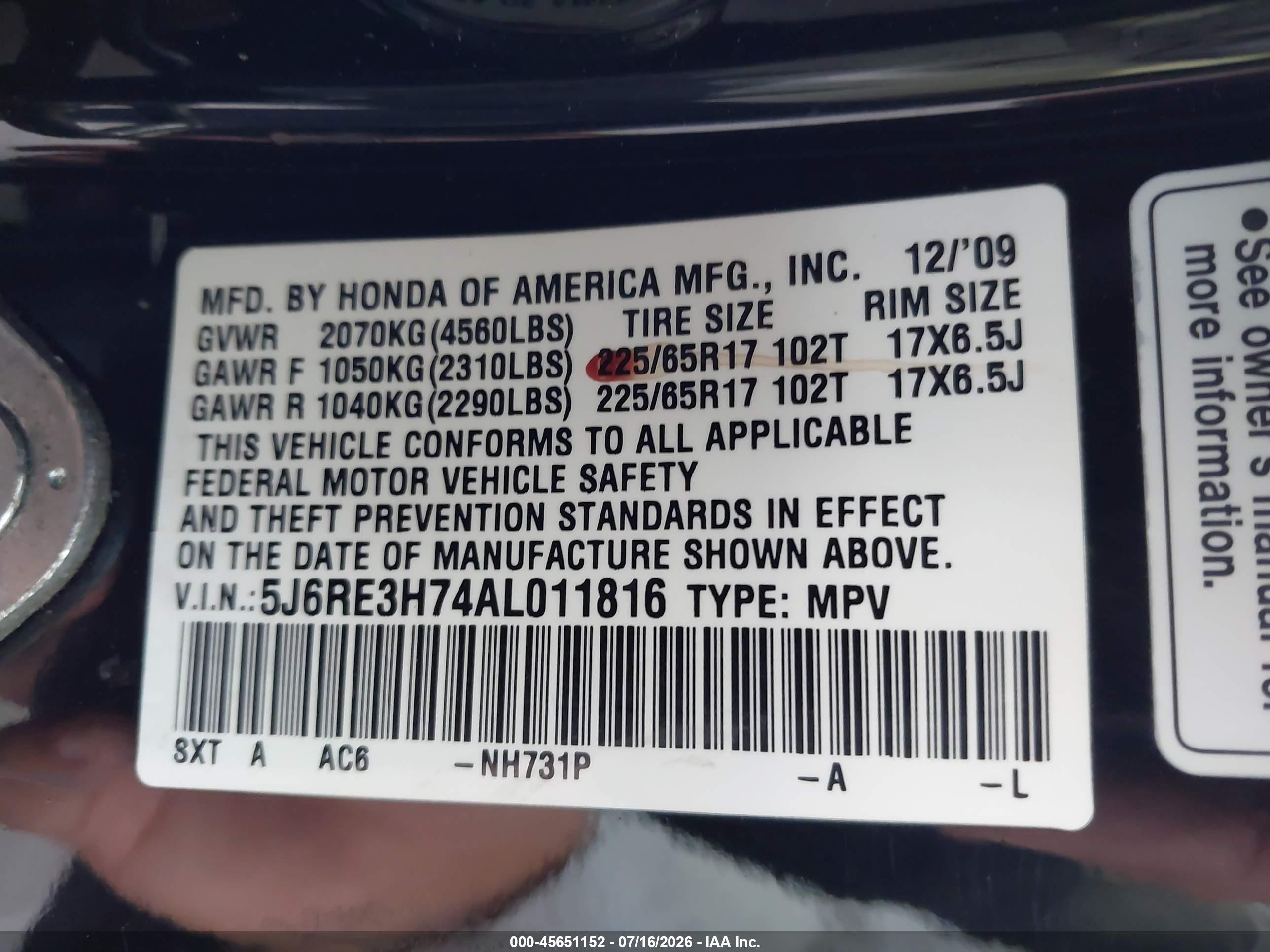 2010 Honda Cr-v Ex-l Black vin: 5J6RE3H74AL011816