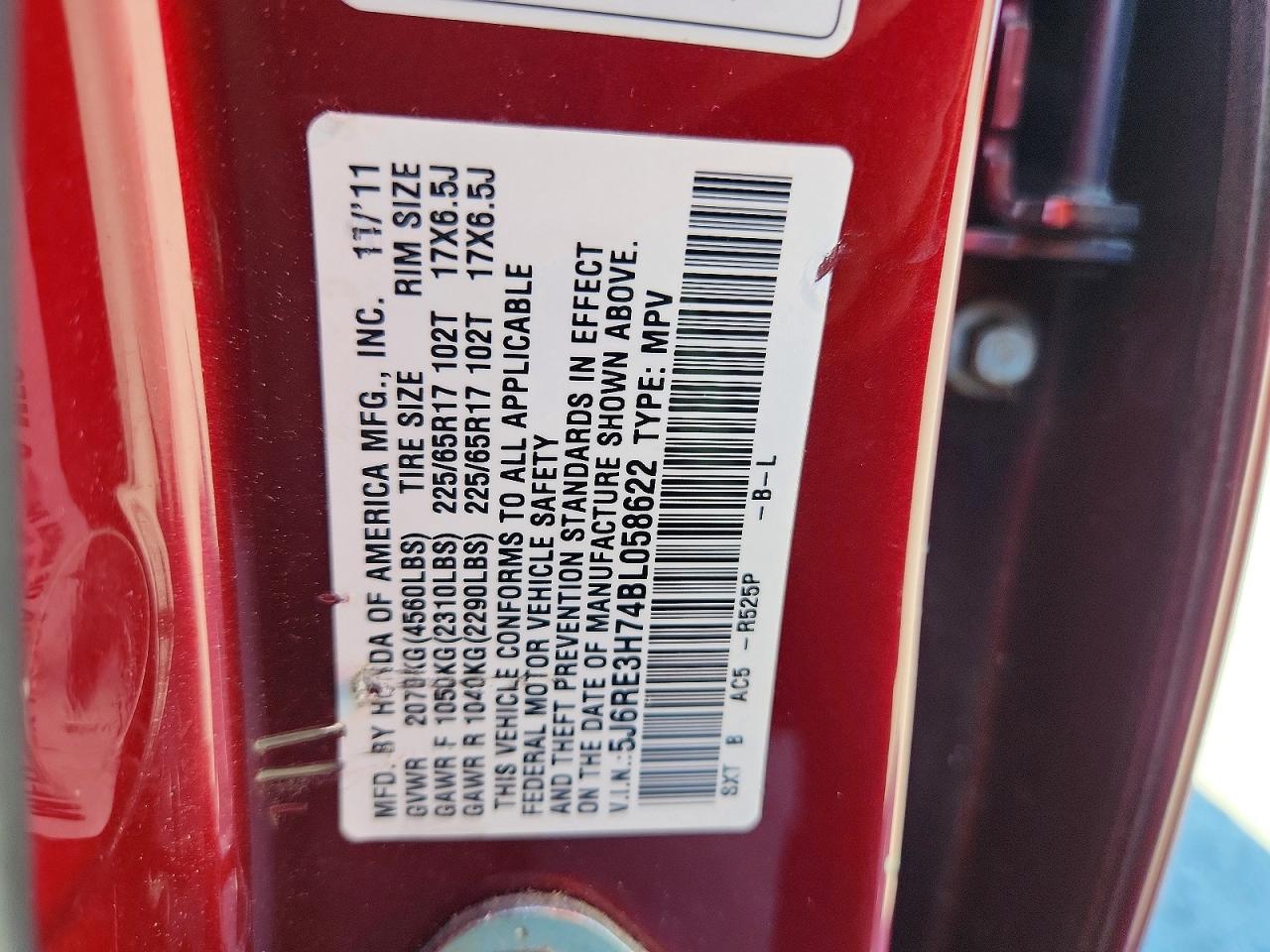 2011 Honda Cr-v Exl Red vin: 5J6RE3H74BL058622