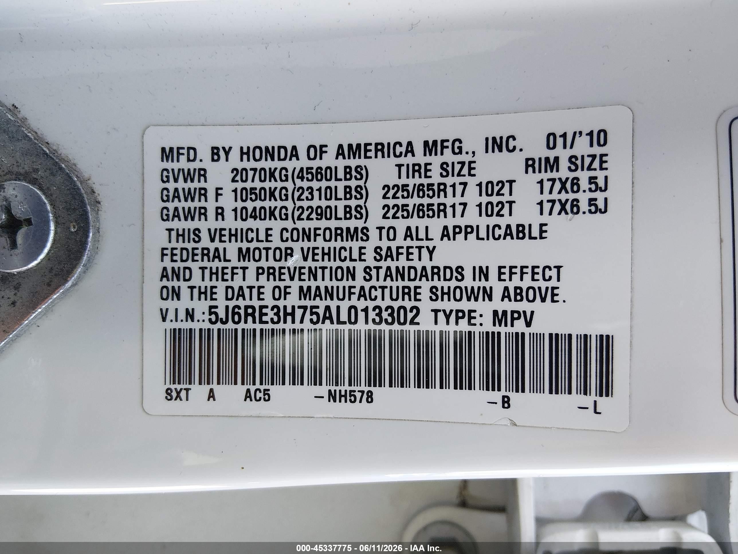 2010 Honda Cr-v Ex-l White vin: 5J6RE3H75AL013302