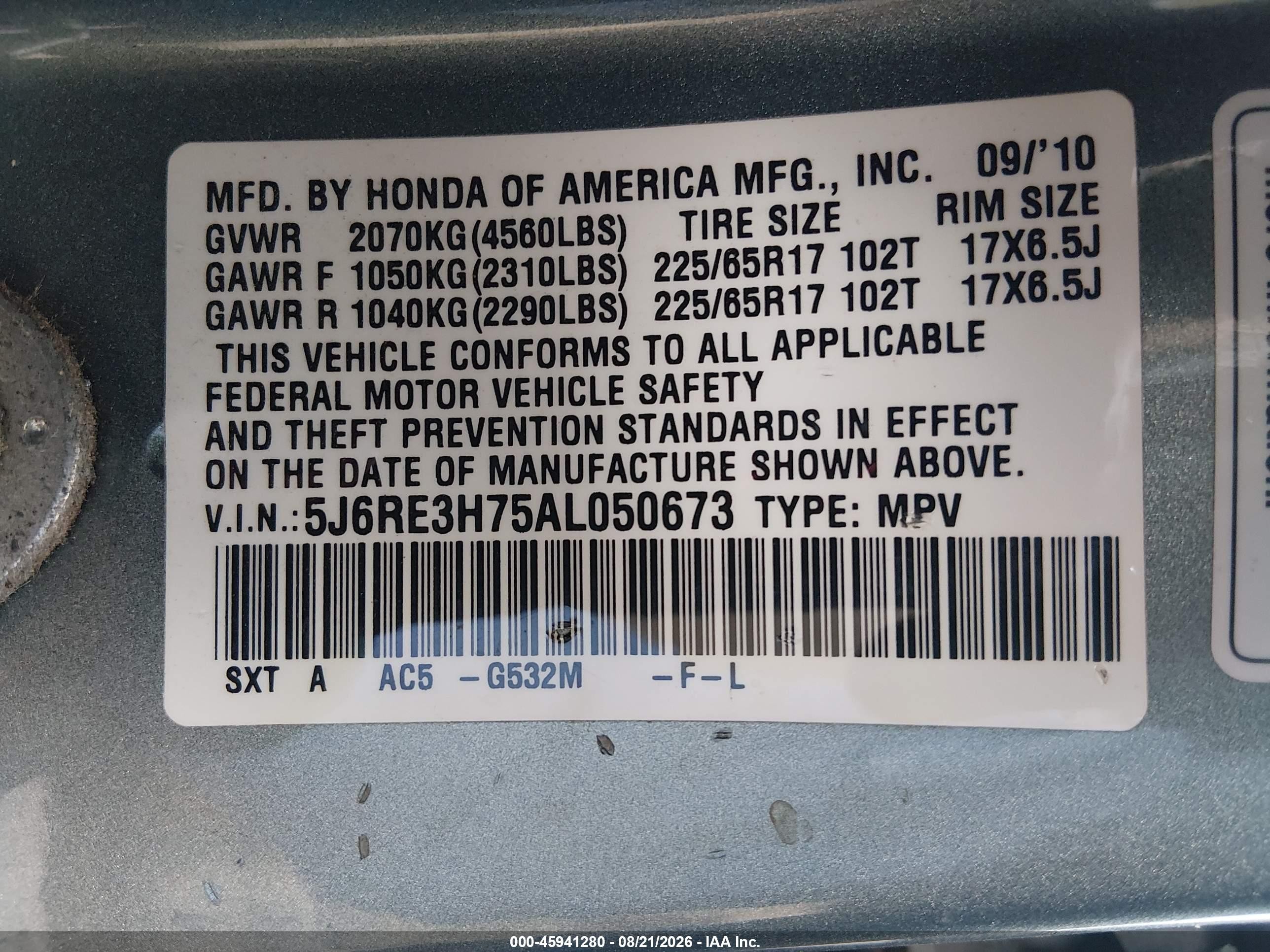 2010 Honda Cr-v Ex-l Green vin: 5J6RE3H75AL050673