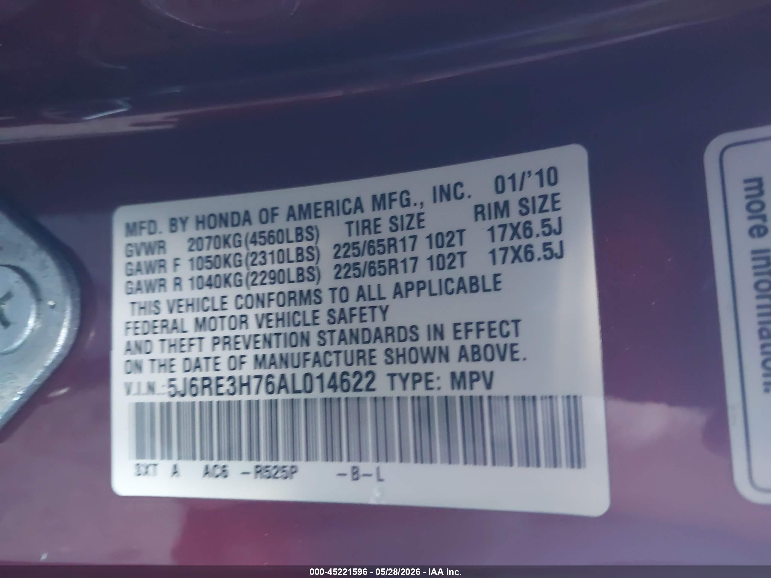2010 Honda Cr-v Ex-l Red vin: 5J6RE3H76AL014622
