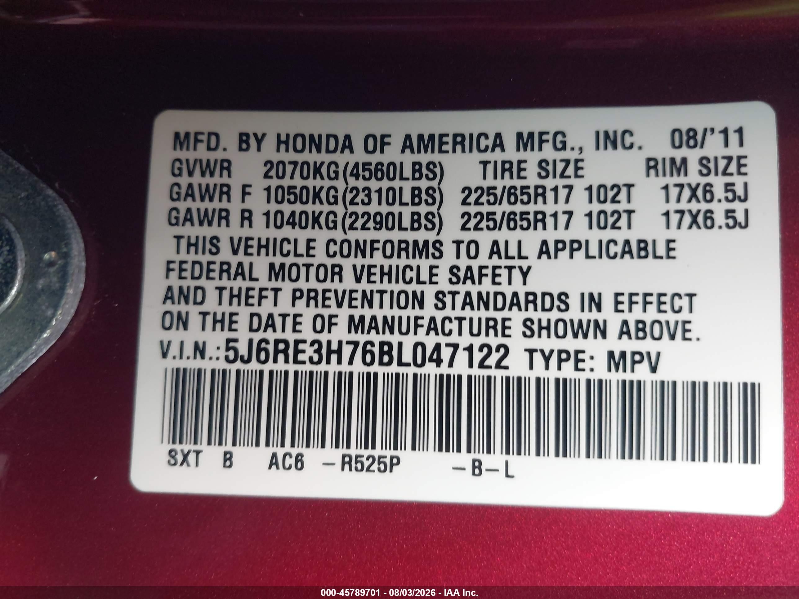 2011 Honda Cr-v Ex-l Red vin: 5J6RE3H76BL047122