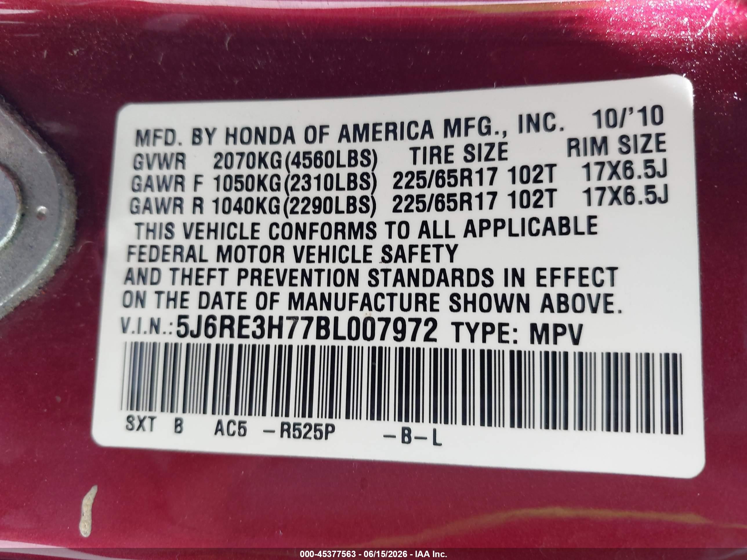 2011 Honda Cr-v Ex-l Red vin: 5J6RE3H77BL007972