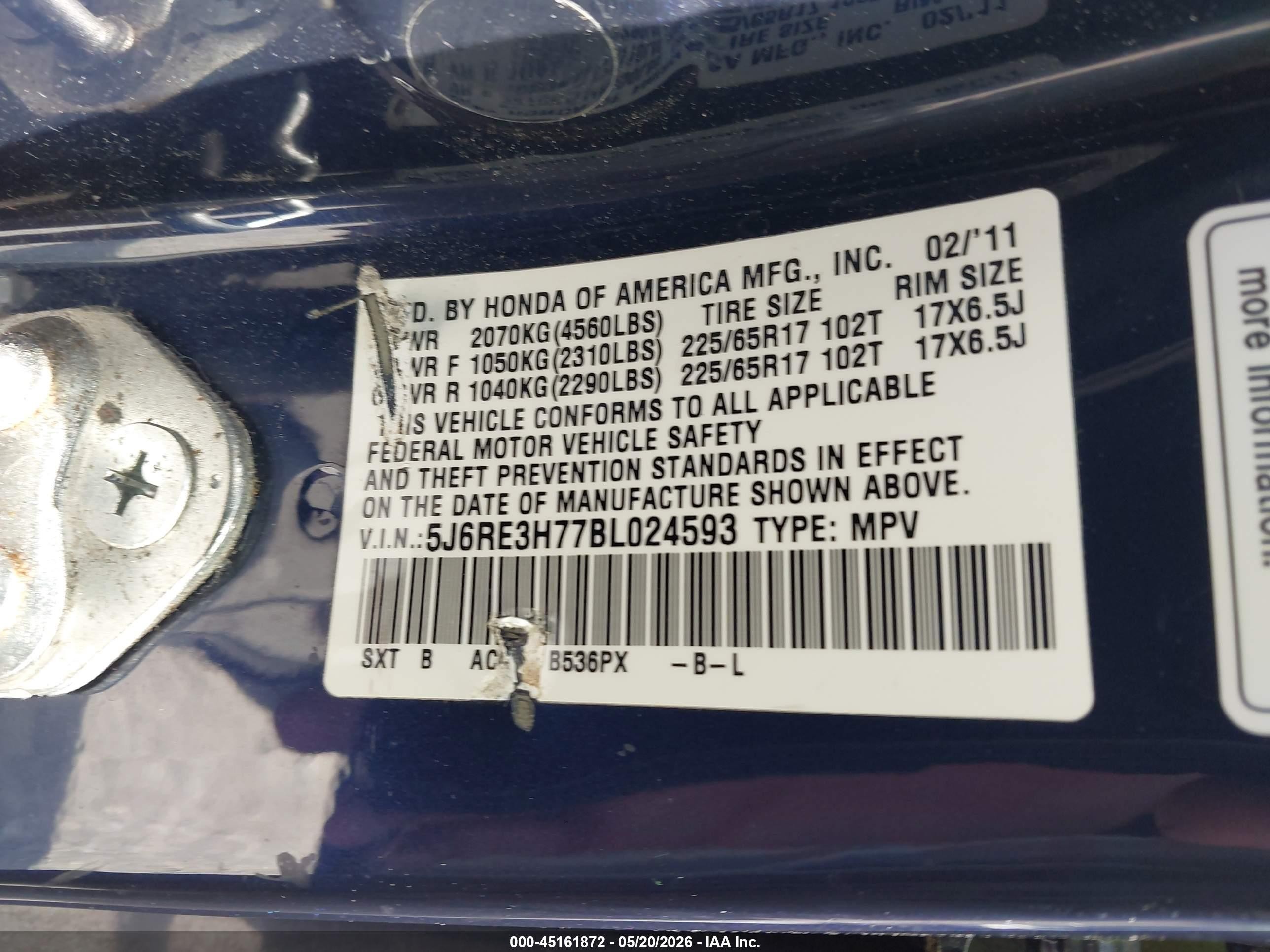 2011 Honda Cr-v Ex-l Blue vin: 5J6RE3H77BL024593