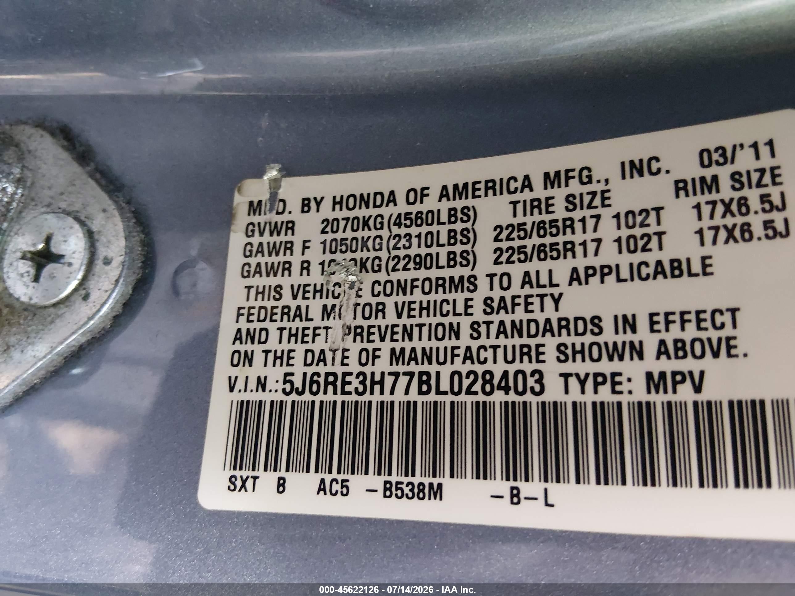 2011 Honda Cr-v Ex-l Blue vin: 5J6RE3H77BL028403