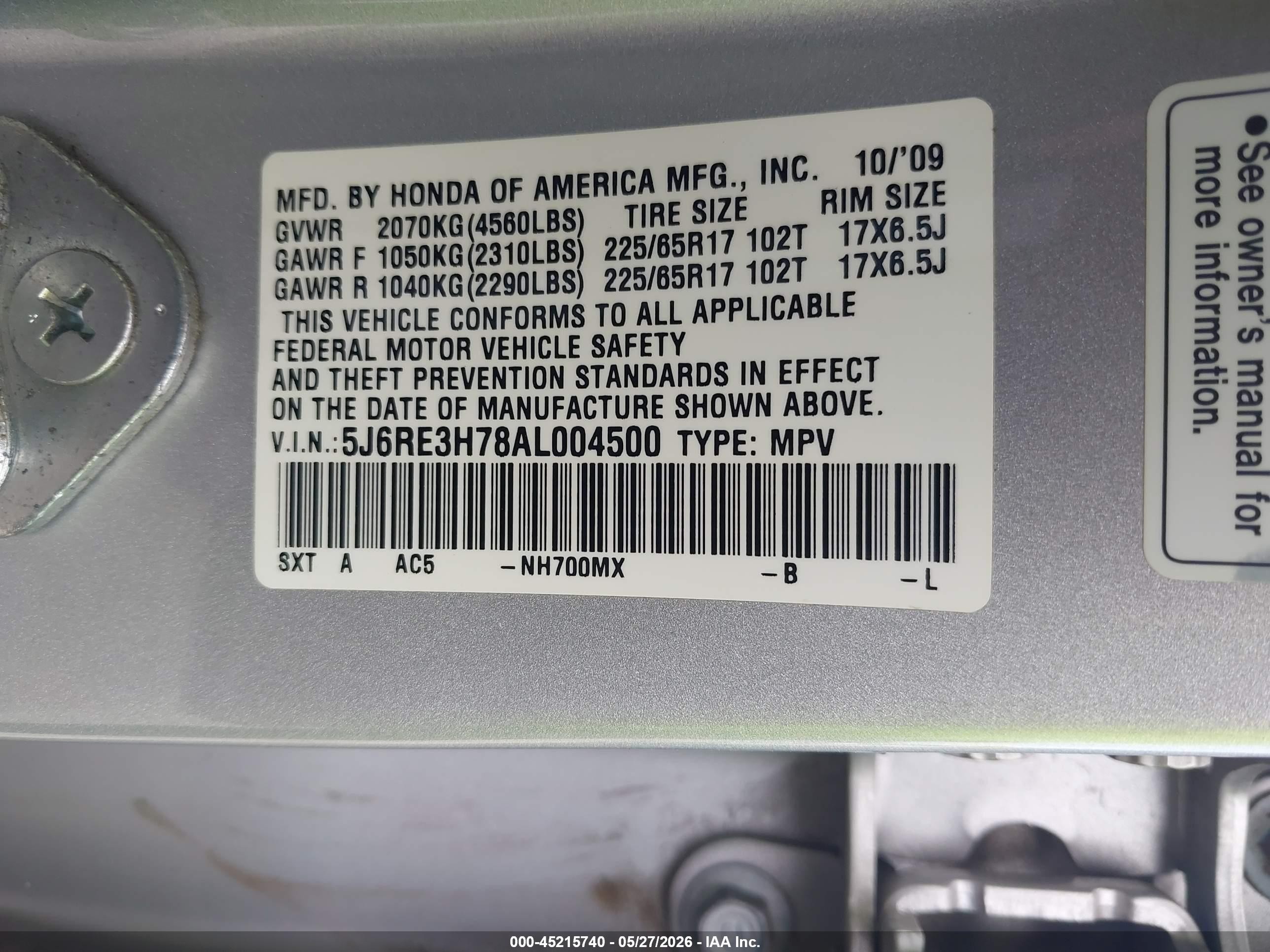 2010 Honda Cr-v Ex-l vin: 5J6RE3H78AL004500