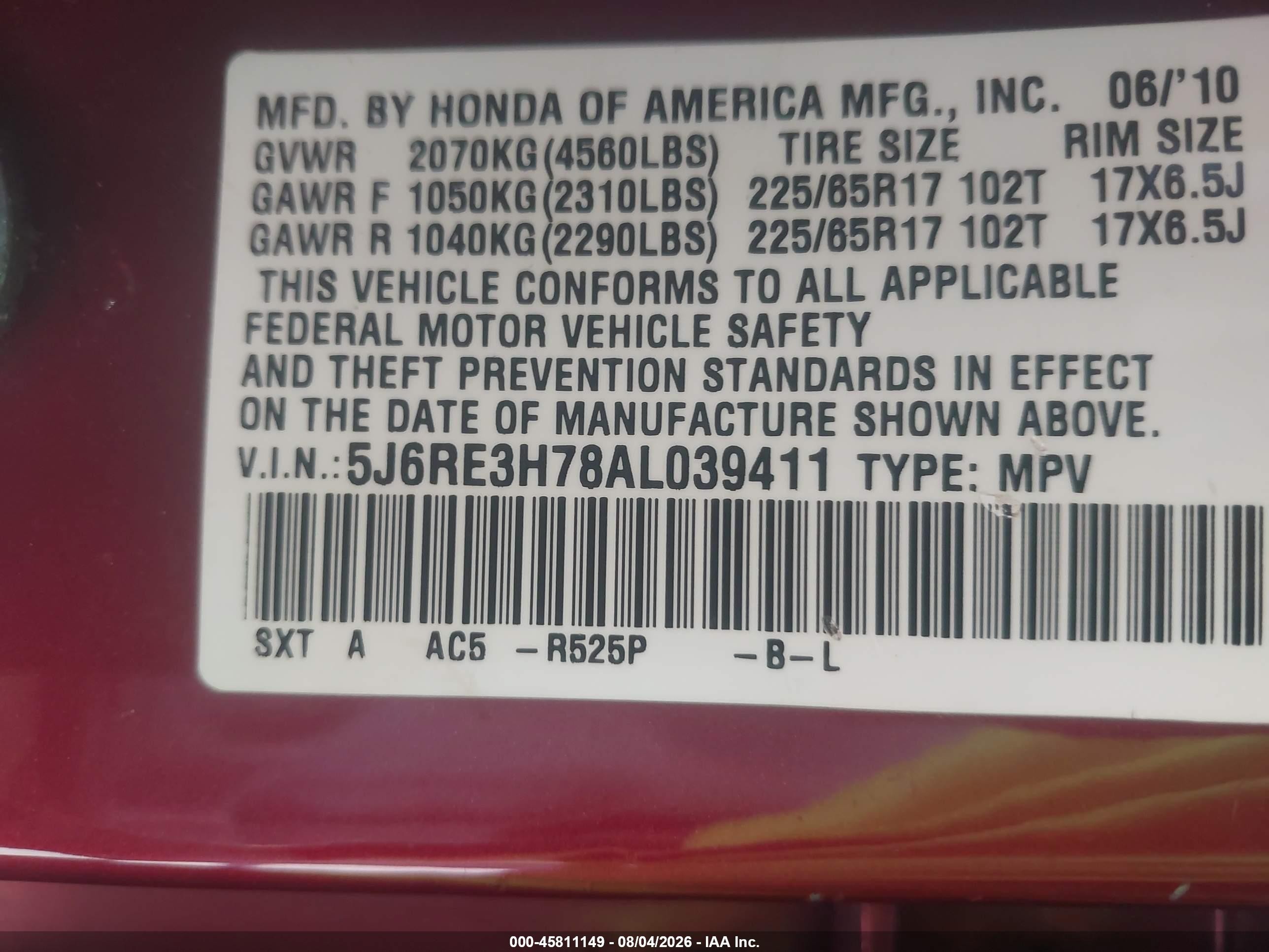 2010 Honda Cr-v Ex-l Maroon vin: 5J6RE3H78AL039411