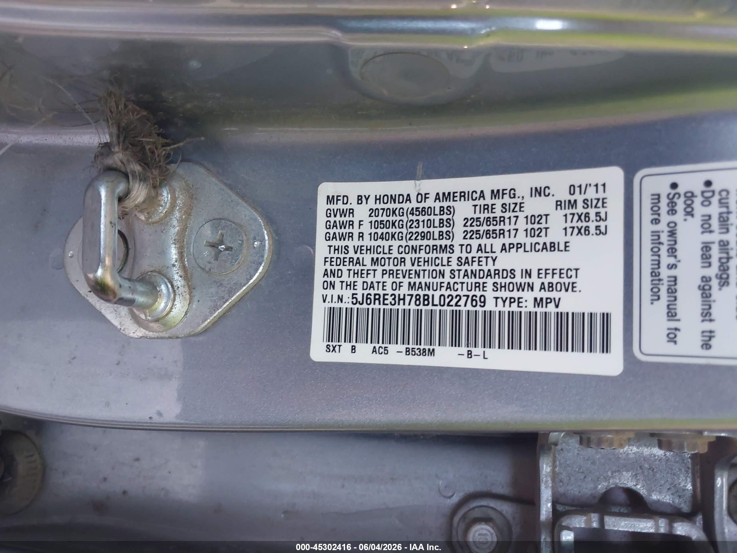 2011 Honda Cr-v Ex-l Light Blue vin: 5J6RE3H78BL022769