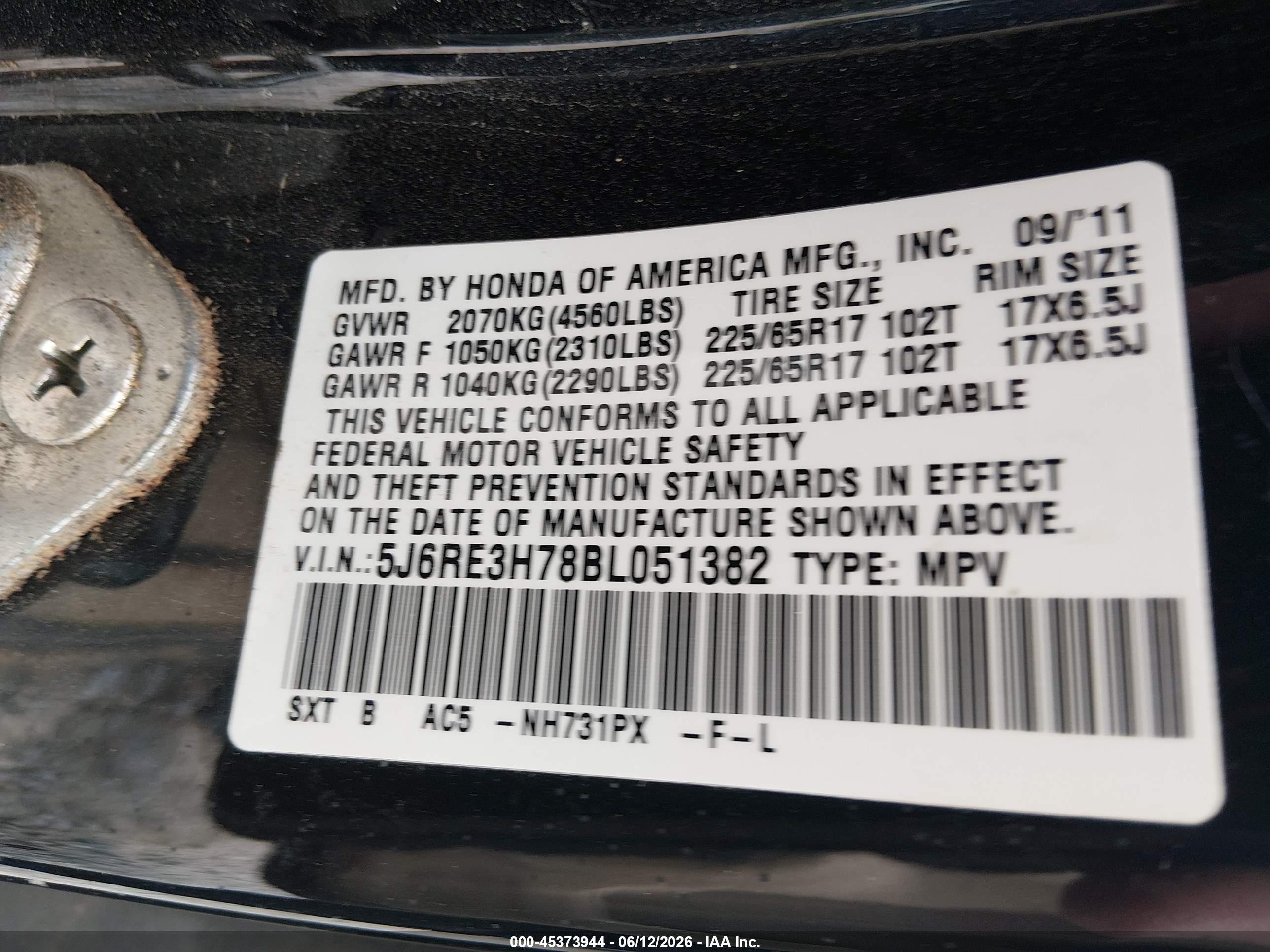 2011 Honda Cr-v Ex-l Black vin: 5J6RE3H78BL051382