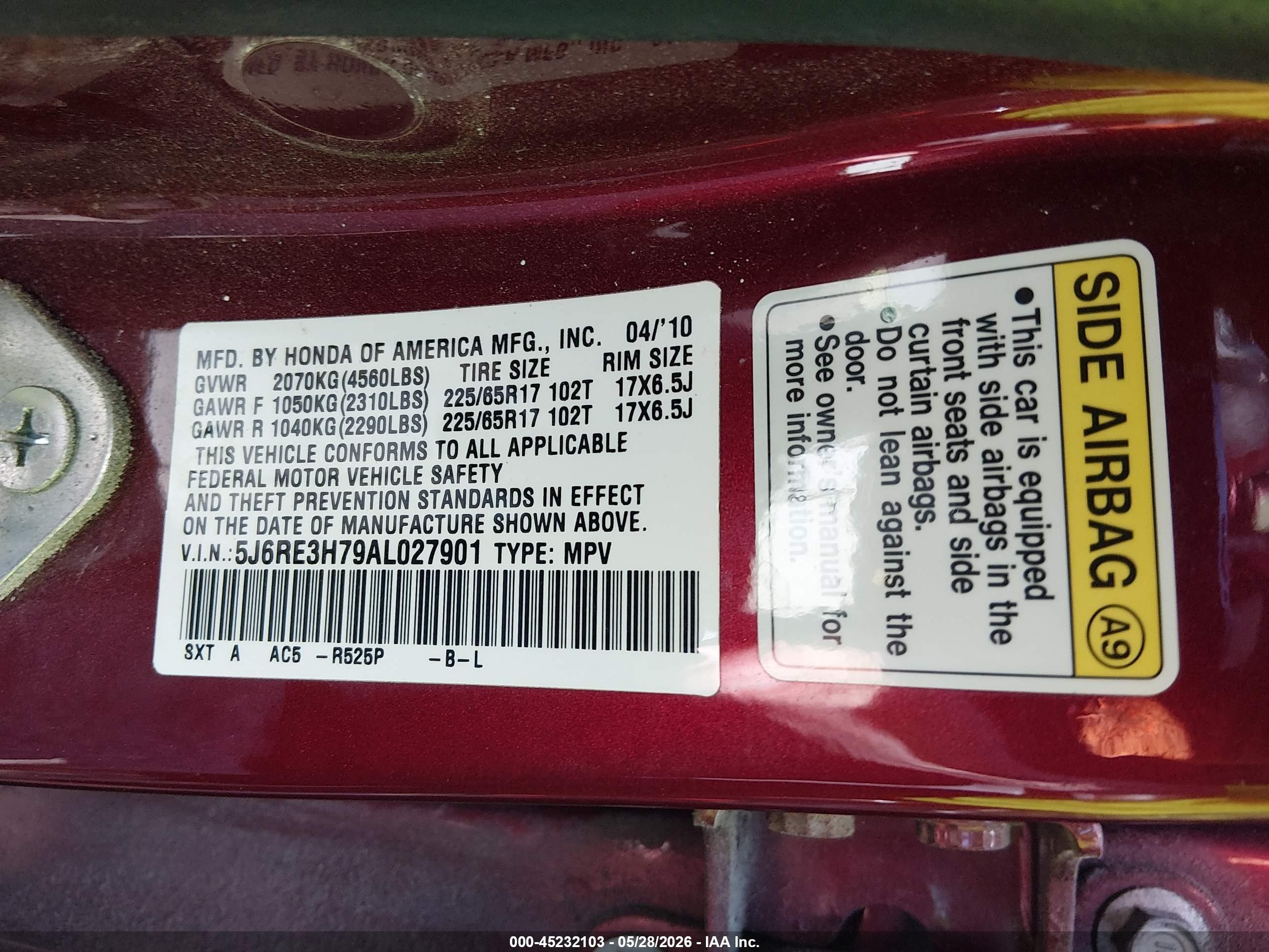 2010 Honda Cr-v Ex-l Burgundy vin: 5J6RE3H79AL027901