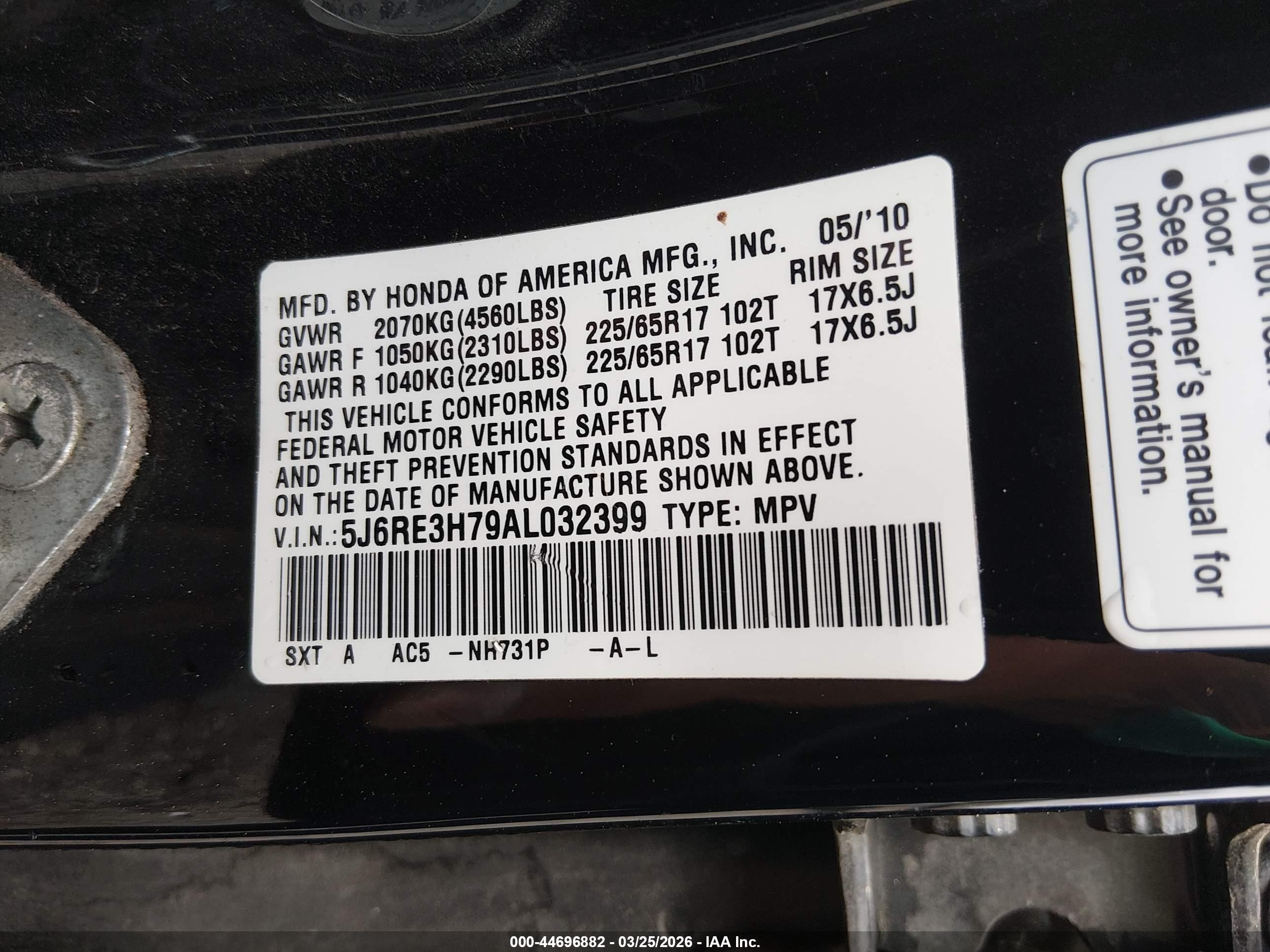 2010 Honda Cr-v Ex-l Black vin: 5J6RE3H79AL032399