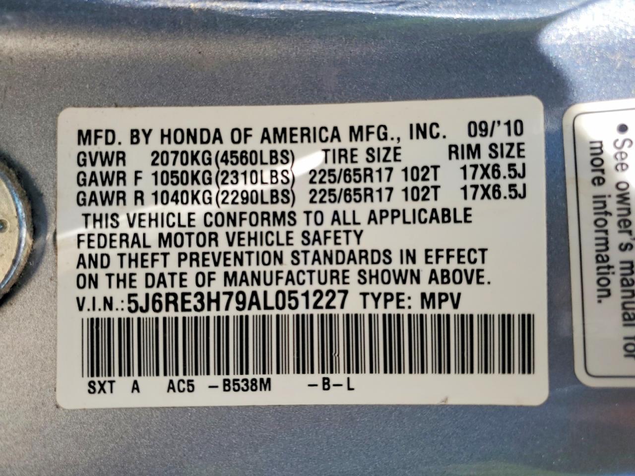 2010 Honda Cr-v Exl Blue vin: 5J6RE3H79AL051227
