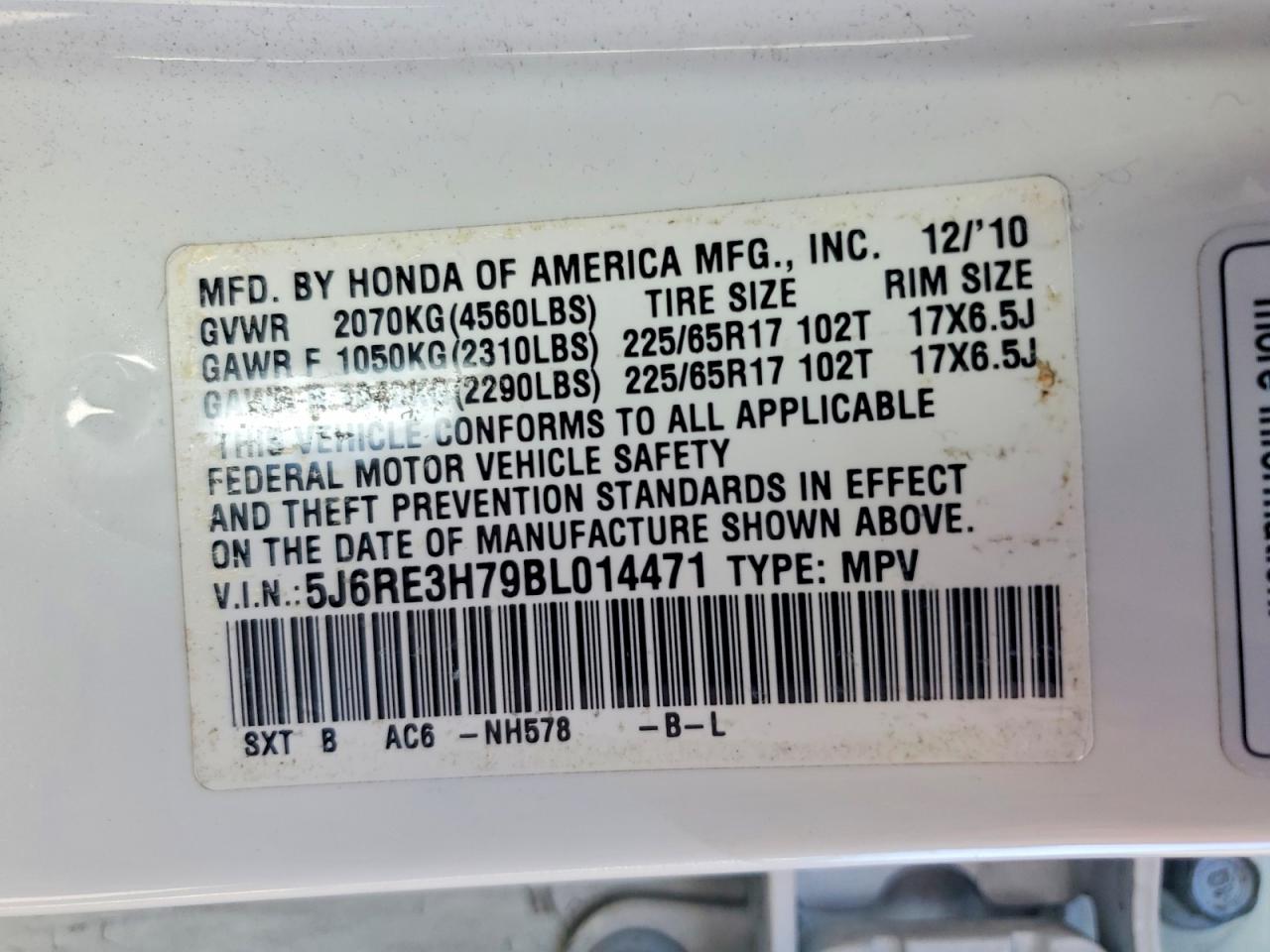 2011 Honda Cr-v Exl White vin: 5J6RE3H79BL014471