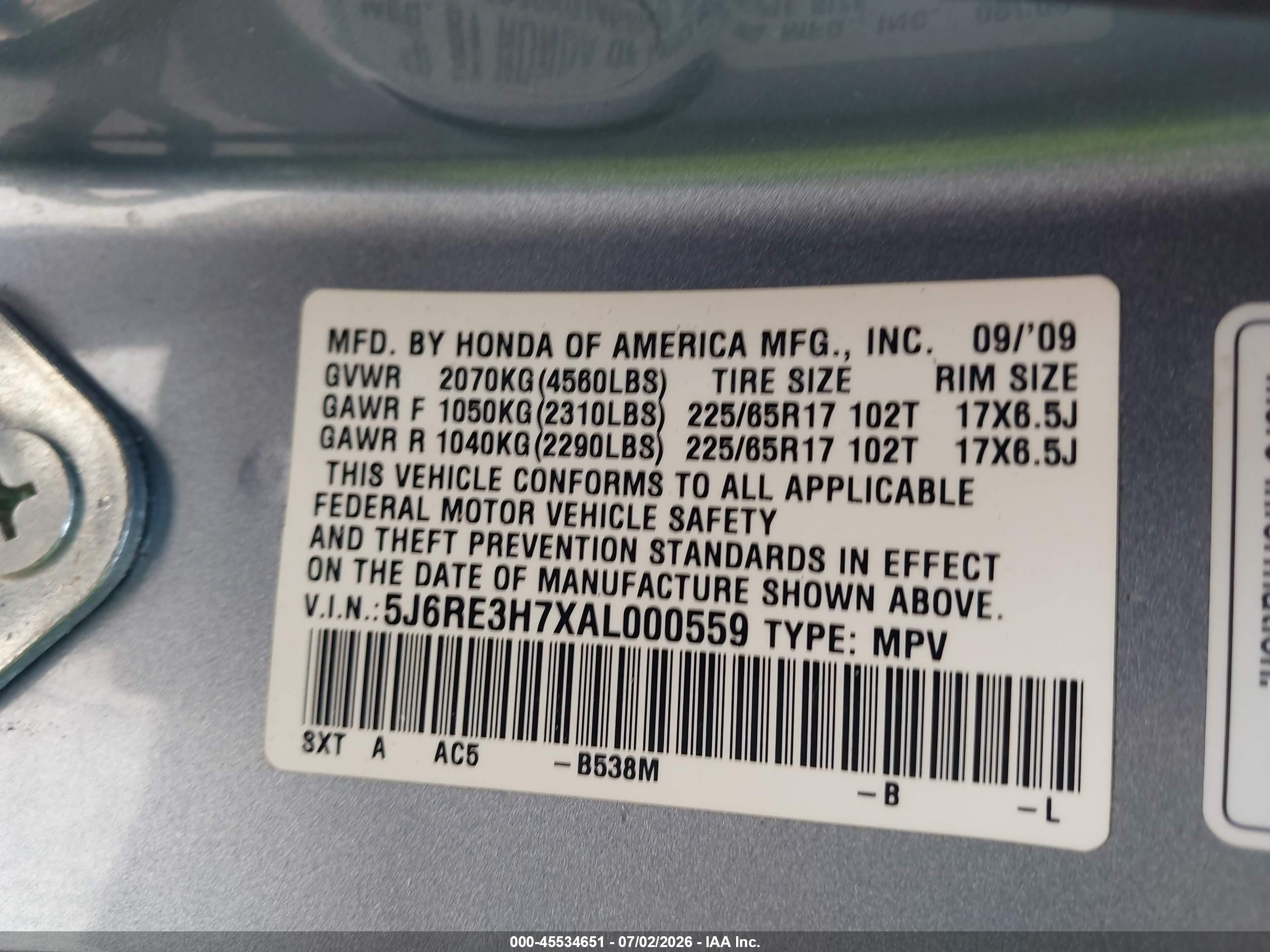 2010 Honda Cr-v Ex-l Blue vin: 5J6RE3H7XAL000559