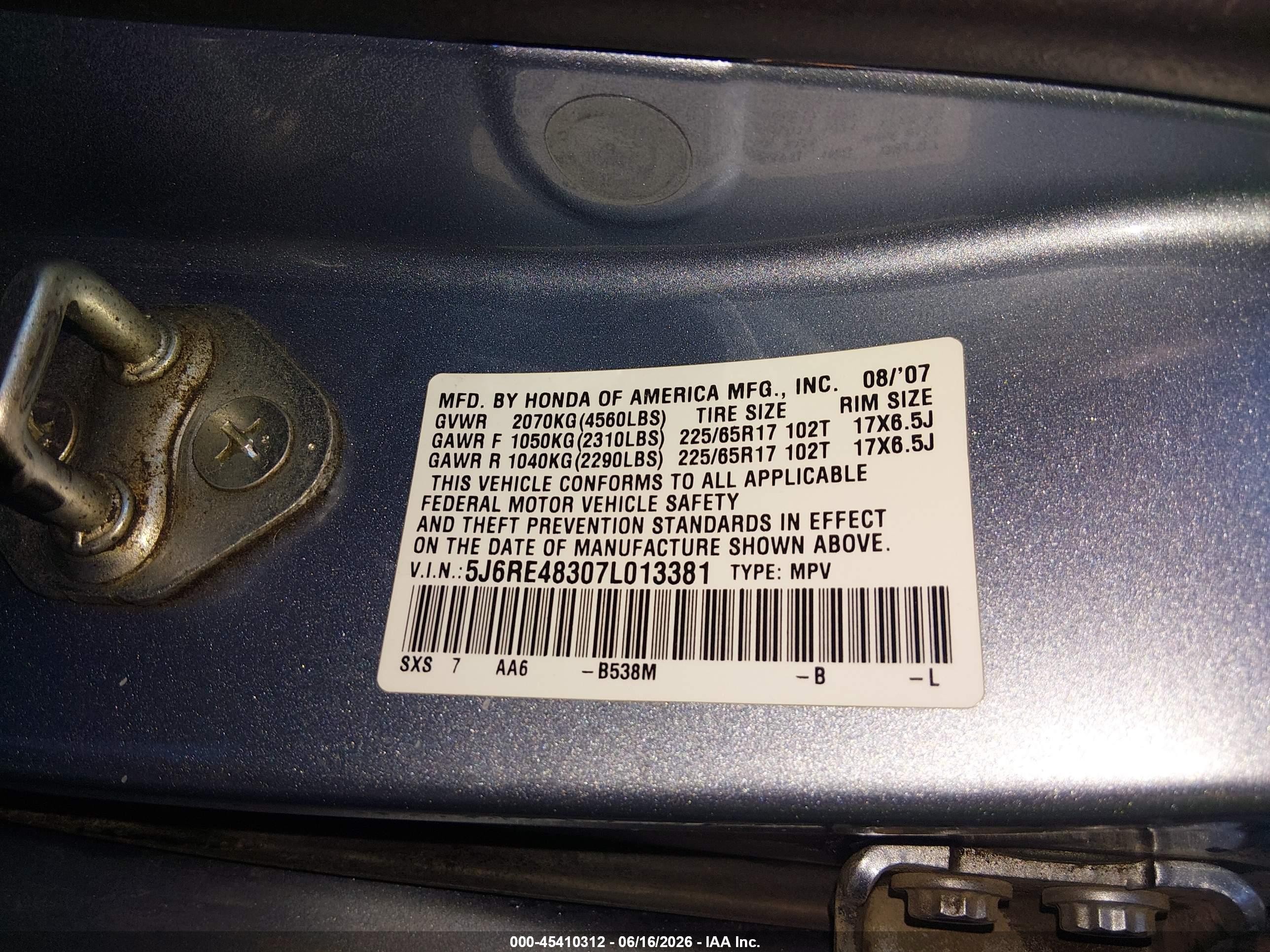 2007 Honda Cr-v Lx Gray vin: 5J6RE48307L013381