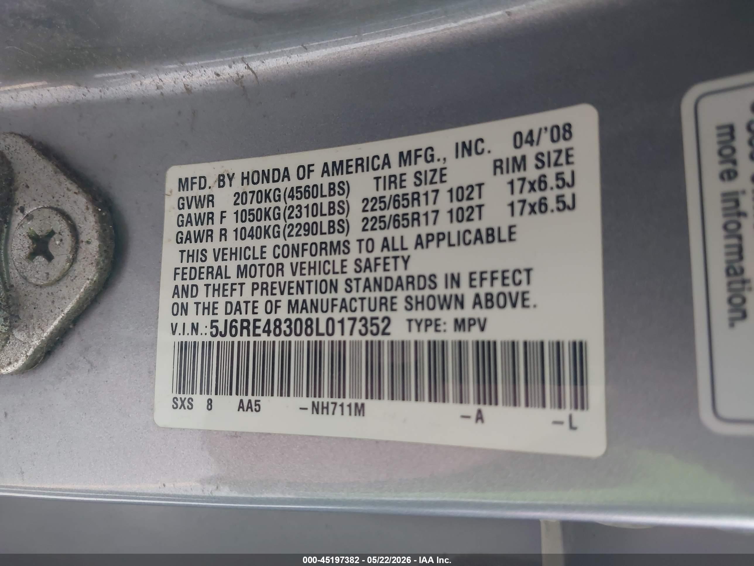 2008 Honda Cr-v Lx Silver vin: 5J6RE48308L017352