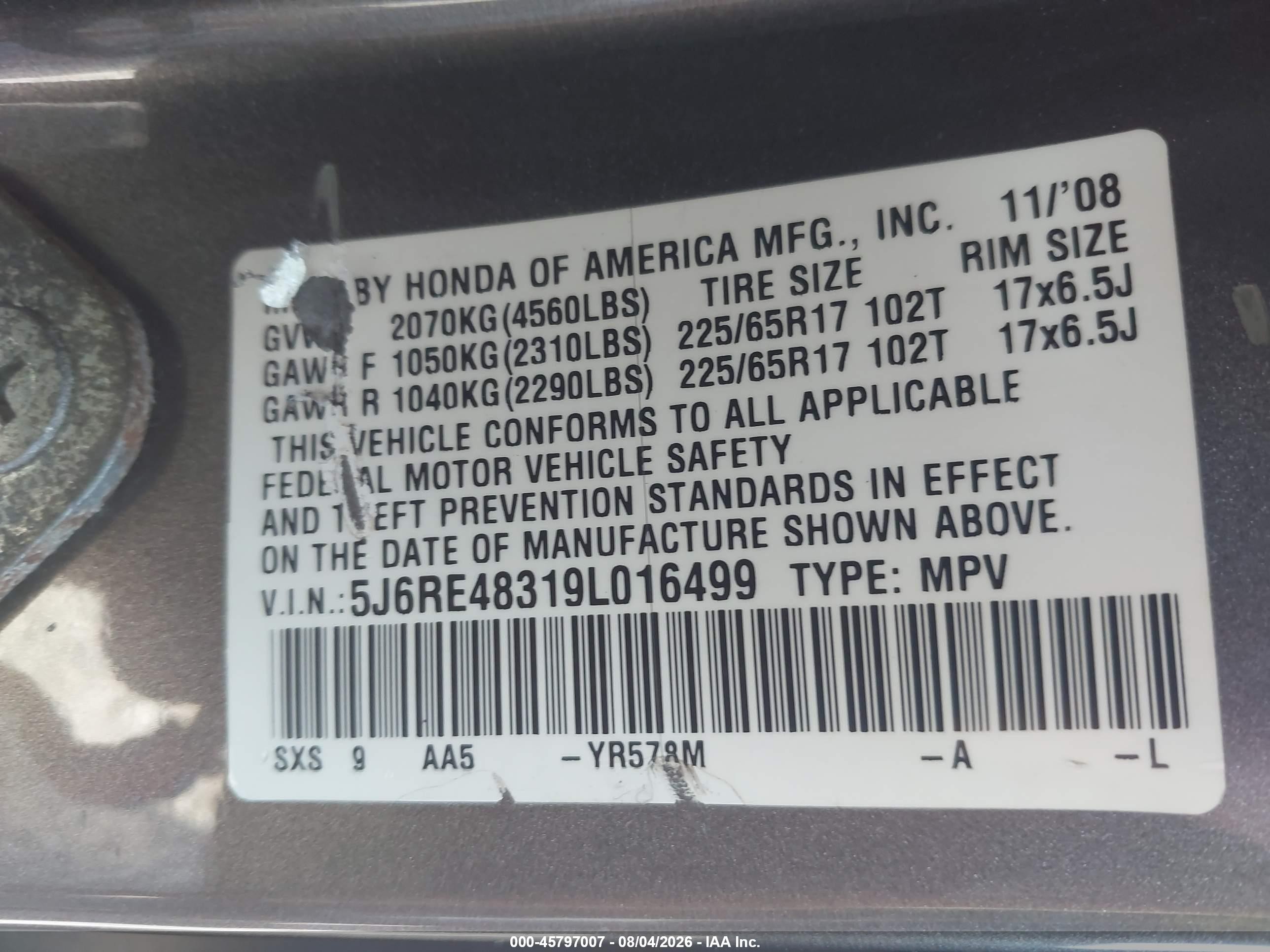 2009 Honda Cr-v Lx Gray vin: 5J6RE48319L016499