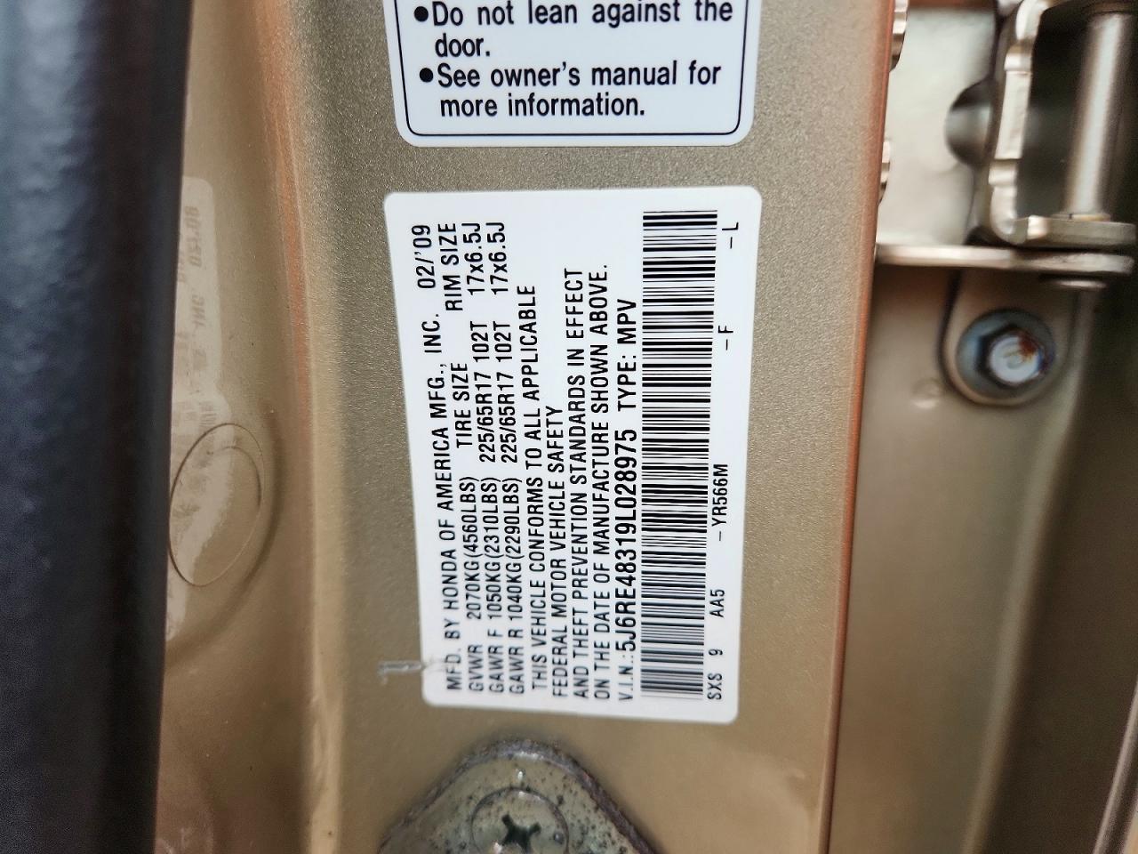 2009 Honda Cr-v Lx Beige vin: 5J6RE48319L028975