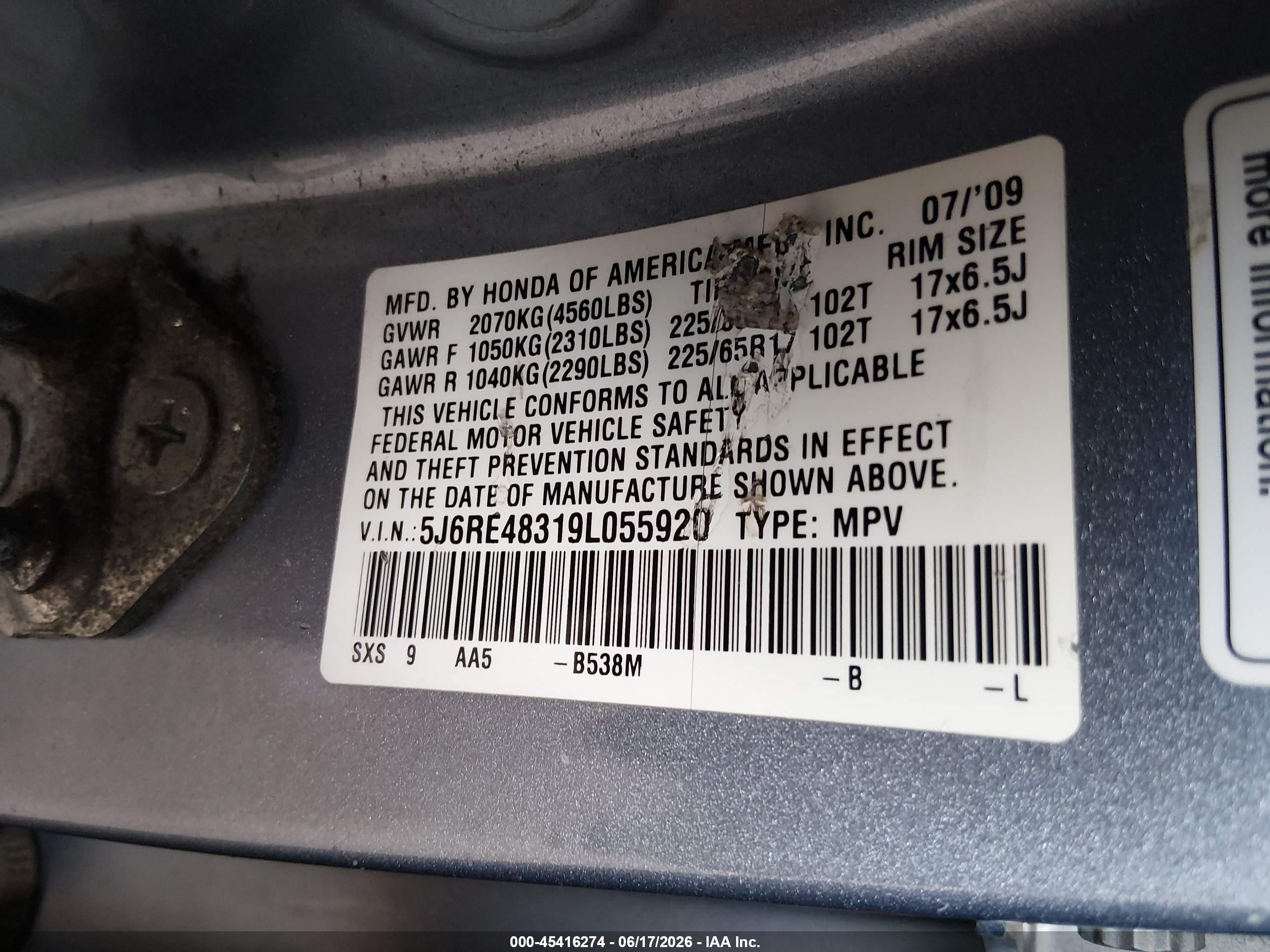2009 Honda Cr-v Lx Light Blue vin: 5J6RE48319L055920