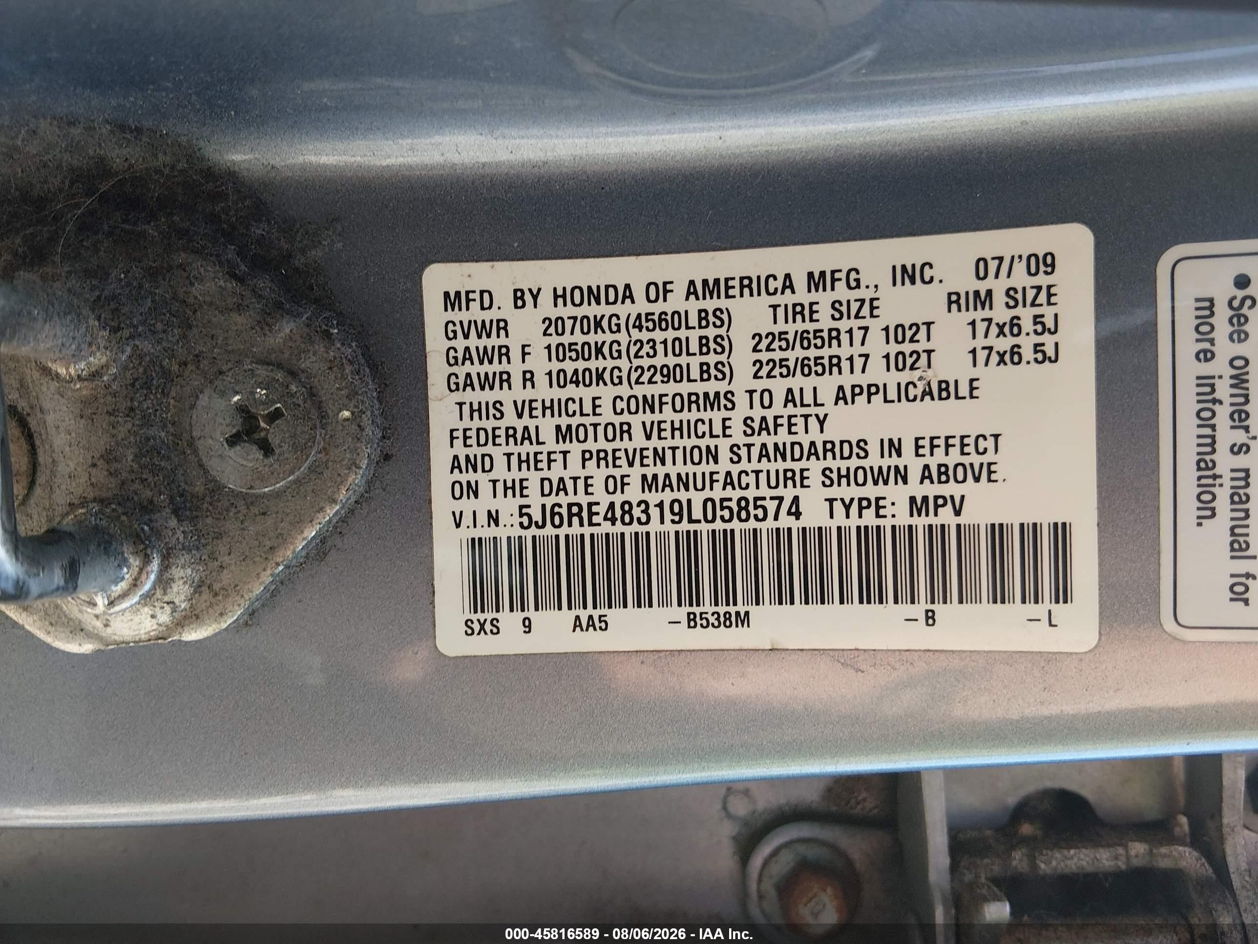 2009 Honda Cr-v Lx Blue vin: 5J6RE48319L058574