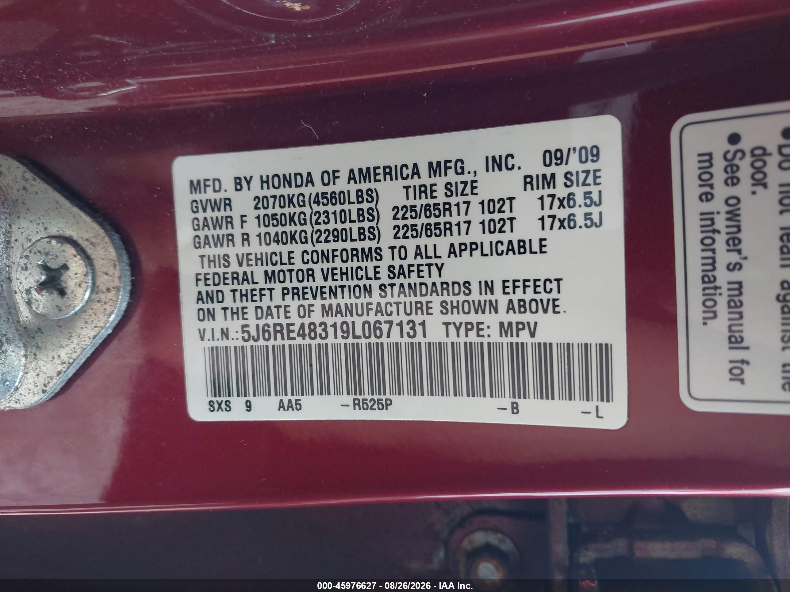2009 Honda Cr-v Lx Red vin: 5J6RE48319L067131