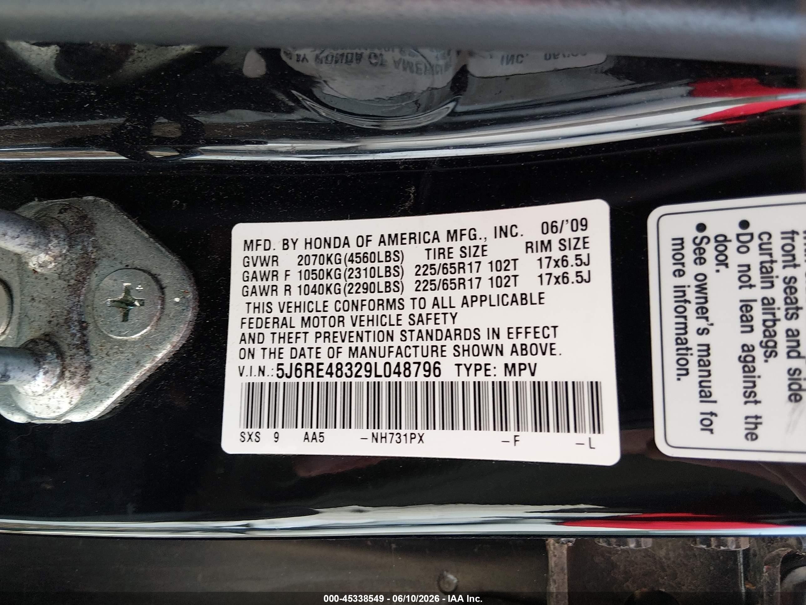 2009 Honda Cr-v Lx Black vin: 5J6RE48329L048796