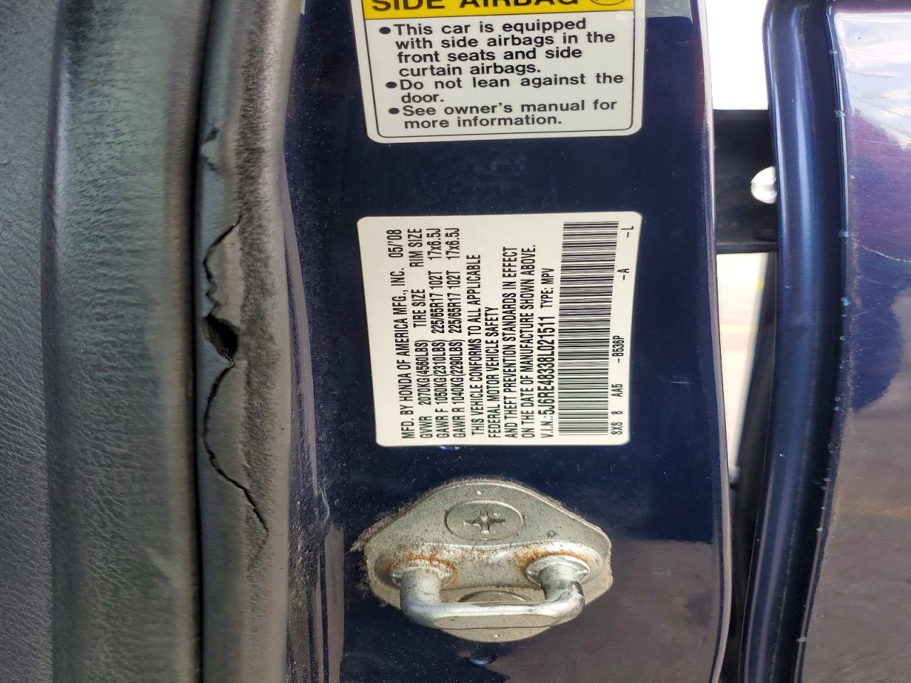 2008 Honda Cr-v Lx Blue vin: 5J6RE48338L021511